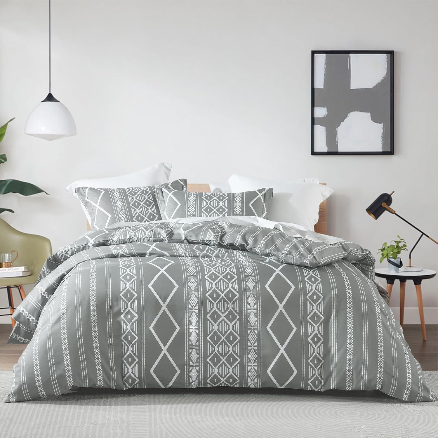 EWlinens Boho Duvet Cover Queen Size - Gray Geometric Bedding Duvet Cover Set 3 Pieces Bohemian Striped Pattern Printed Cotton Comforter Cover with Zipper Closure & Corner Ties, 90"x90"