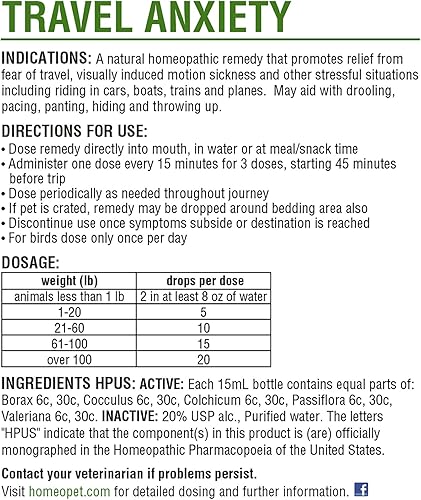 Miniatura 8 de HomeoPet Ansiedad de viaje, alivio calmante para perros, gatos y otros animales pequeños, 0.5 fl oz