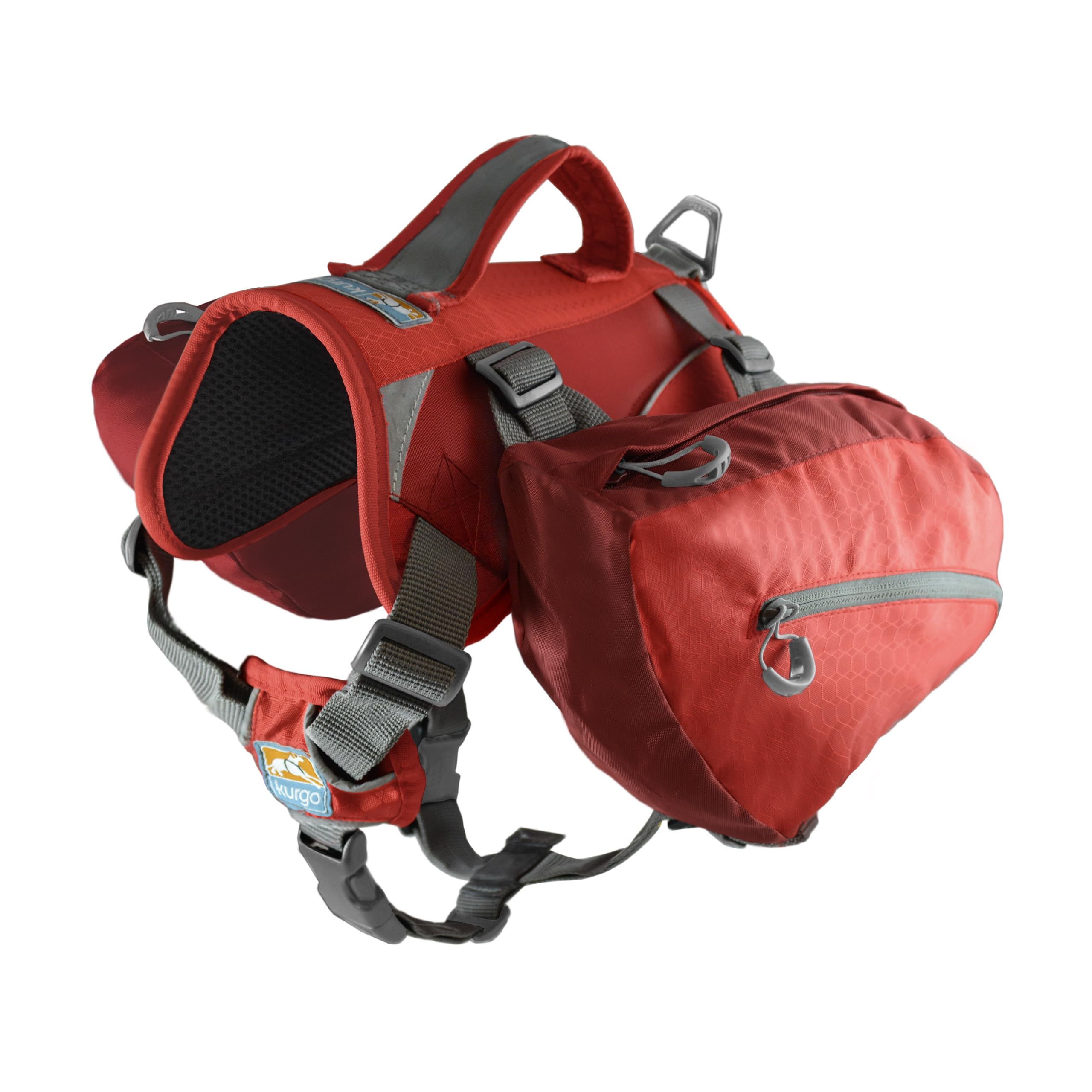 Kurgo Baxter Dog Backpack - Adventure Dog Backpack - Ergonomic Spine Support - Balanced Load Design - Durable Hiking Saddlebag - Dog Harness - Baxter (30-85 lbs) - Chili/Barn Red