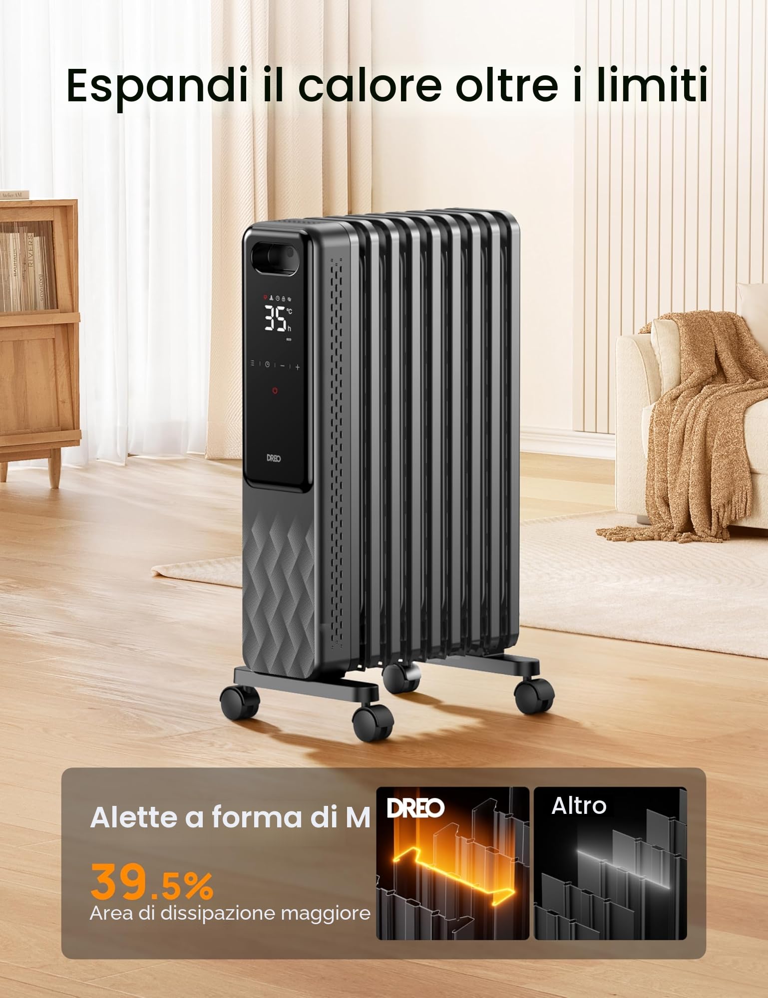 Dreo OH310 - Radiatore ad olio a risparmio energetico, 2000 W, con 9 nervature con telecomando, 3 livelli di riscaldamento, 4 modalità, timer 24 ore, protezione contro il surriscaldamento, radiatori,