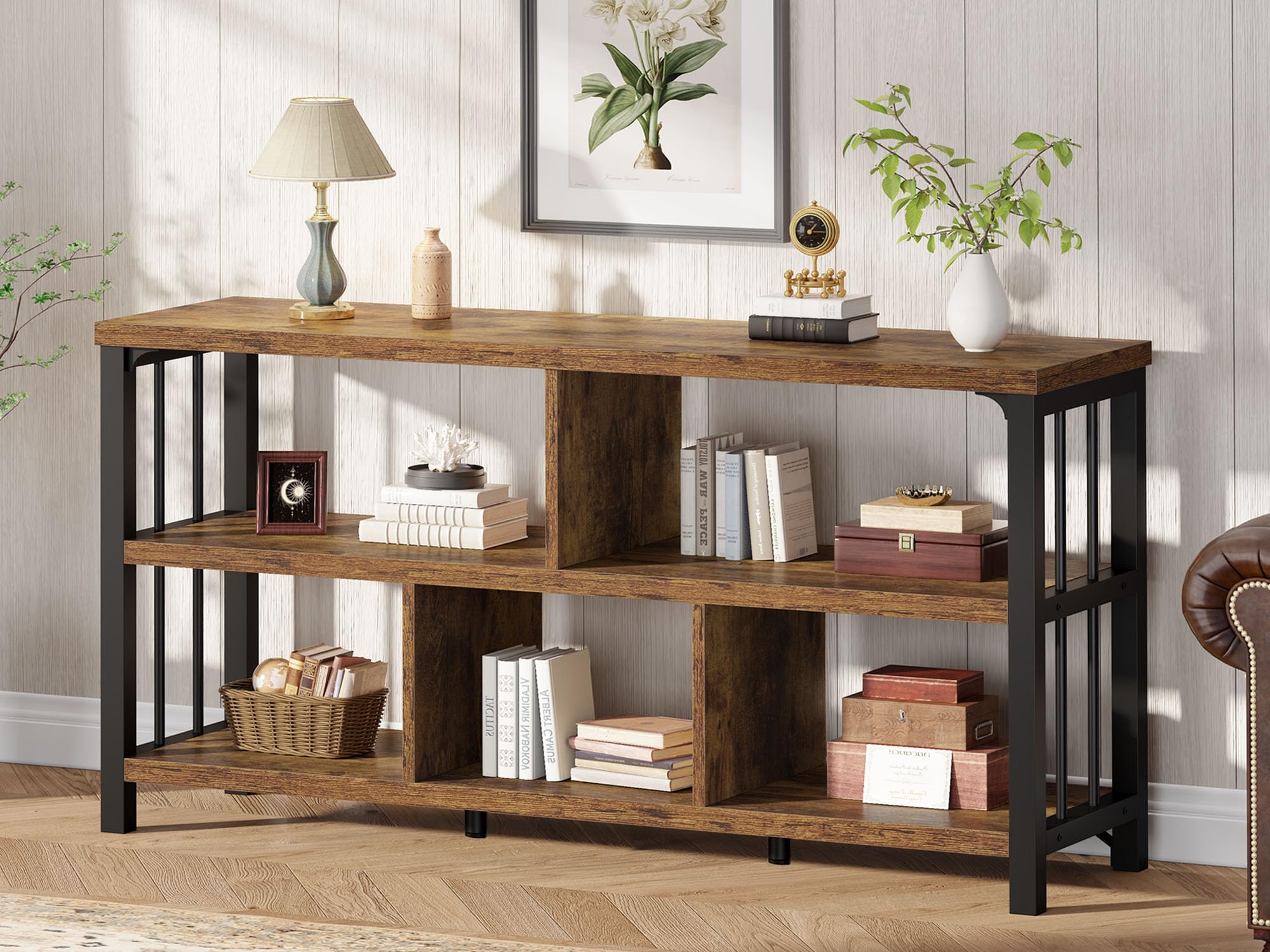 IBF Bücherregal 140 cm Wohnzimmerregal Standregal mit 5 Fächern Würfelregal als Büroregal aus Holz und Metall modernes Regal für Schlafzimmer in Rustikalem Braun