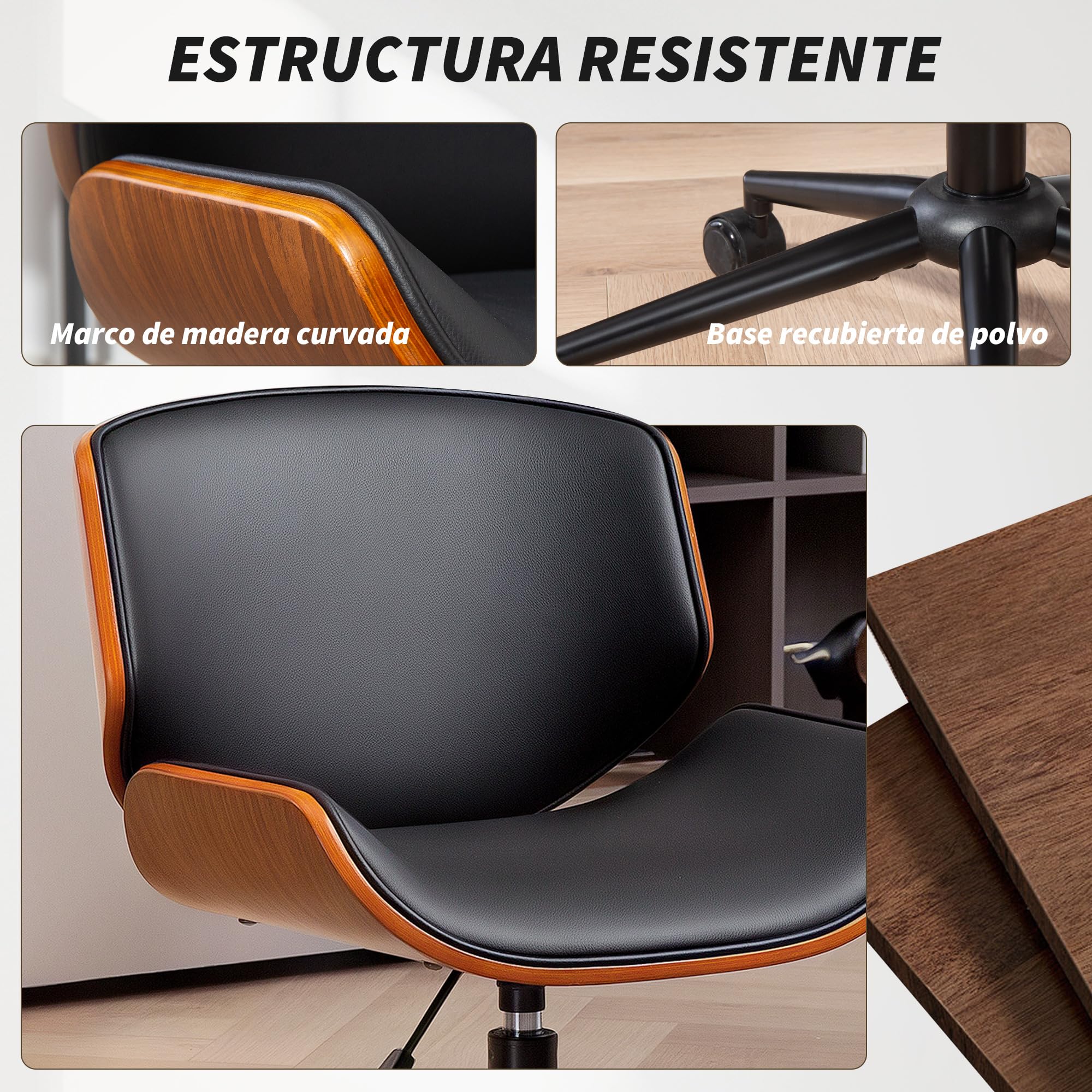 HOMCOM Silla de Oficina sin Brazos Vintage Giratoria Negro y Marrón | Silla de Escritorio, Tapizada en PU, Madera Curvada, Altura Ajustable, Respaldo Curvado