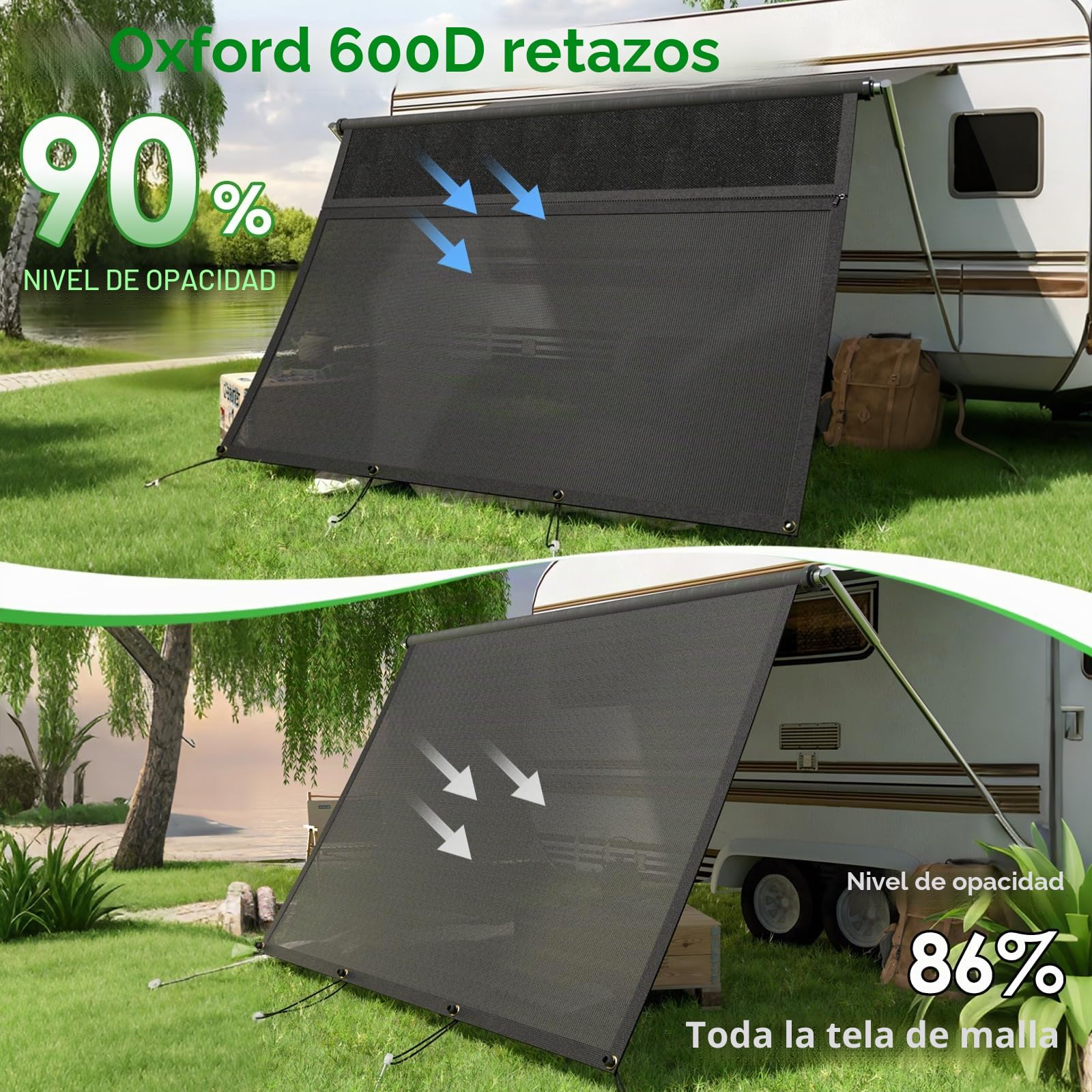 Toldo para Autocaravana, con Cremallera, Ventana panorámica Ajustable (Tela+Red). Protección Visual y Solar, protección Visual Universal con Kits completos, 2,2 m de Alto (2,4 m de Ancho)