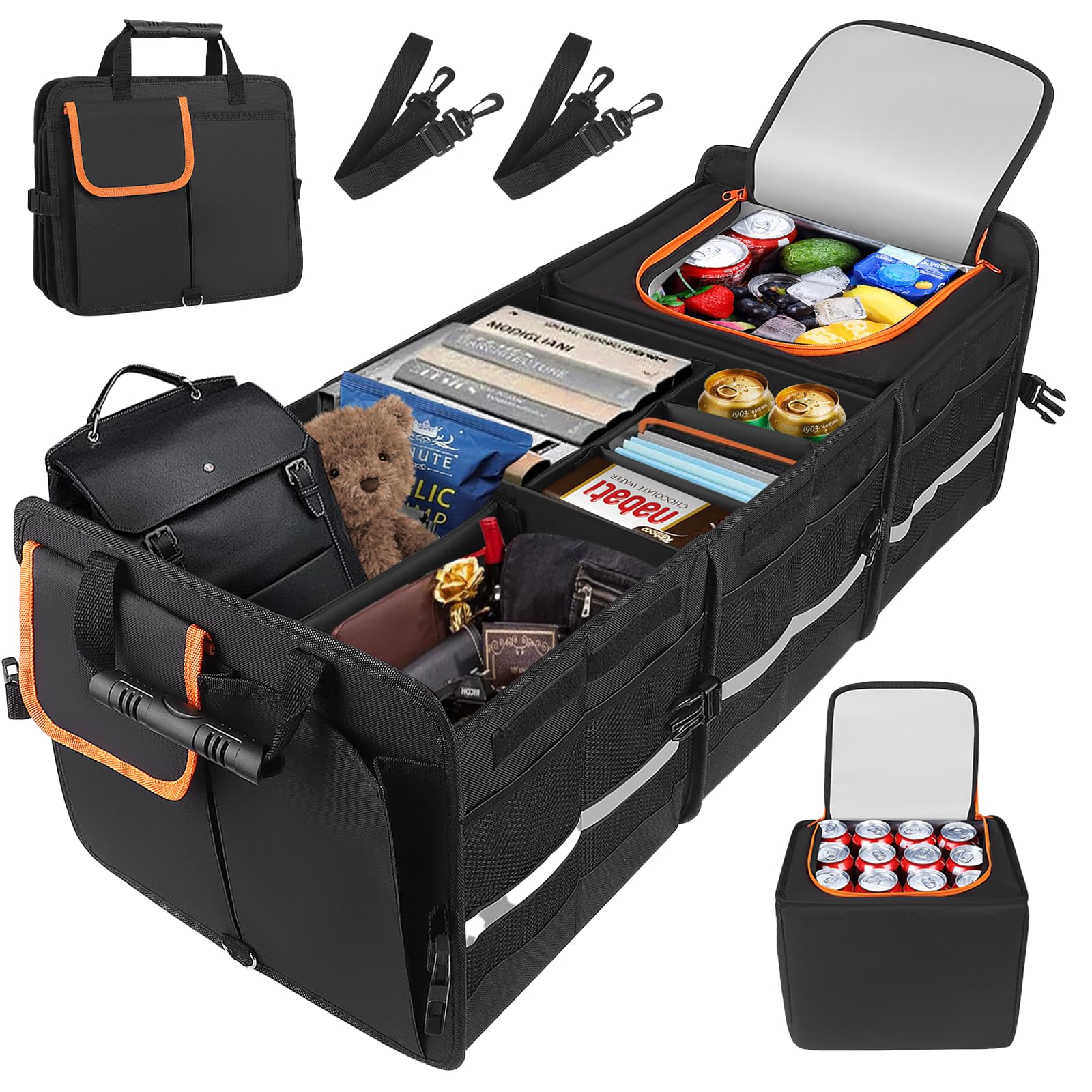 Organizer per Bagagliaio Auto con Frigo, 115L Organizer Baule Auto con 25L Borsa Isolante Rimovibile, 6 Scomparti Regolabili, Organizers Pieghevole con Coperchio per SUV e Camion