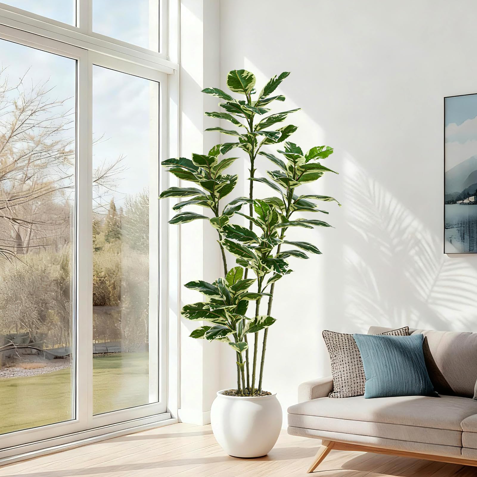 Künstliche Gummibaumpflanze, 180cm Kunstpflanzen Groß mit Weißen Topf | Künstliche Pflanzen Wie Echt, Zimmerpflanze Kunstbaum, Hohe Plastic Ficus für Wohnzimmer Schlafzimmer Büro Balkony Deko