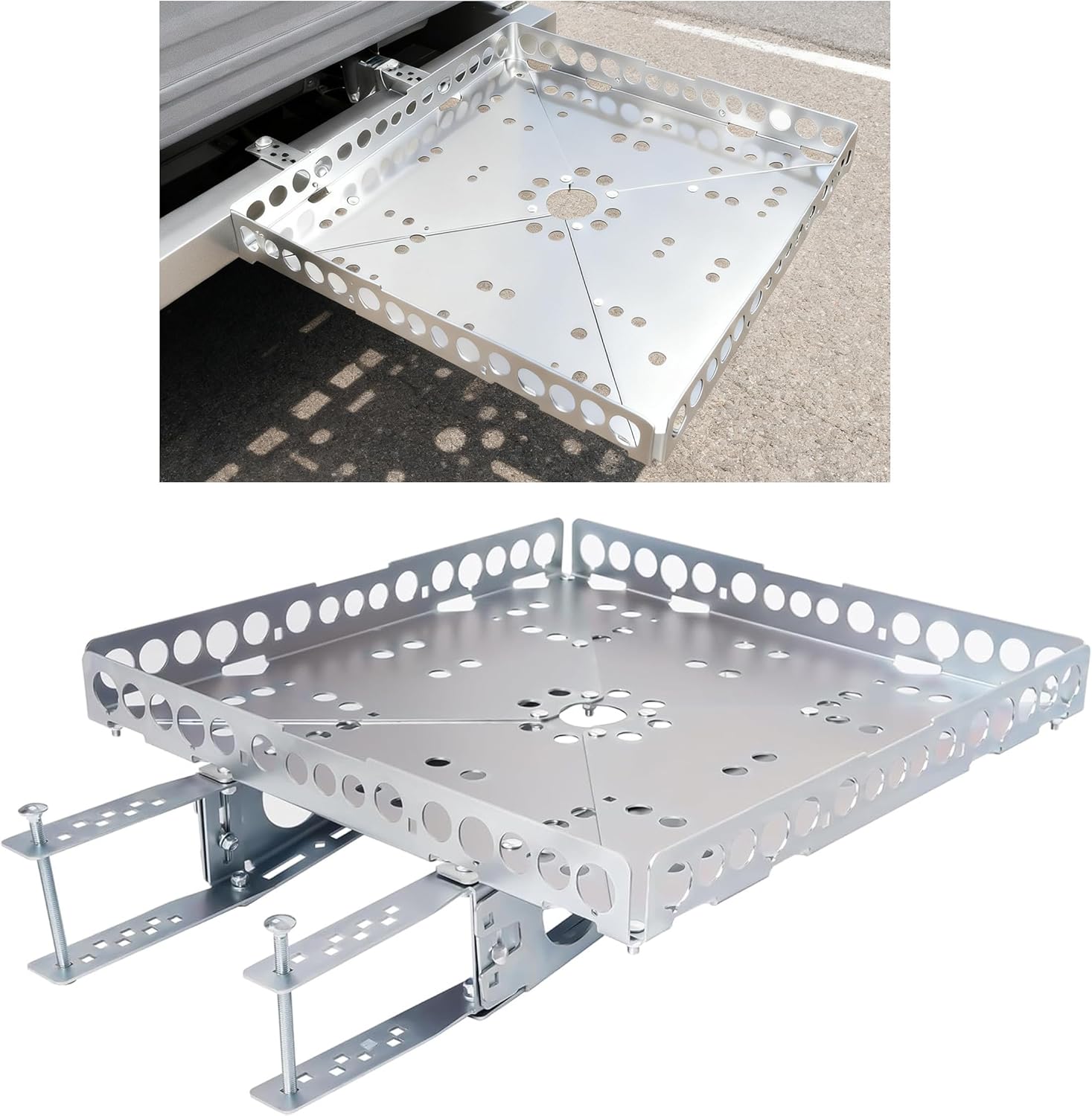 KUAFU RV Cargo Carrier Universal for RVs Campers Trailers Tray Generator Rear Bumper Cargo Luggage Basket Rack - Silvery Weighs 15 Pounds and Carries 200 Pound-Feet