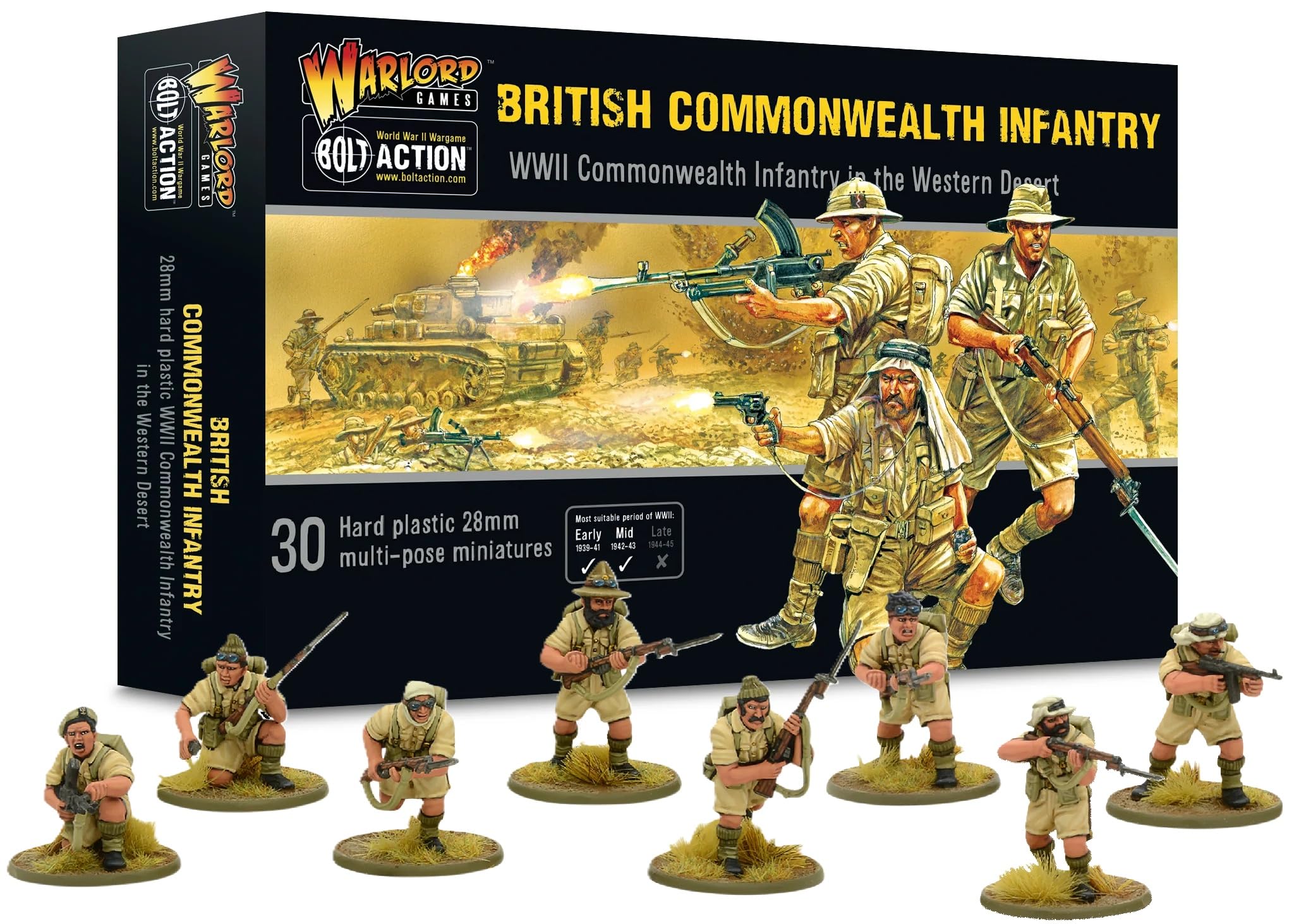 Warlord Bolt Action British Commonwealth Desert Infantry 1:56 Tabletop Miniatures - Plastic Paintable Miniature WWII Soldiers Set, Unpainted Table Top 28mm Military Minifigures for Adults - Gaming