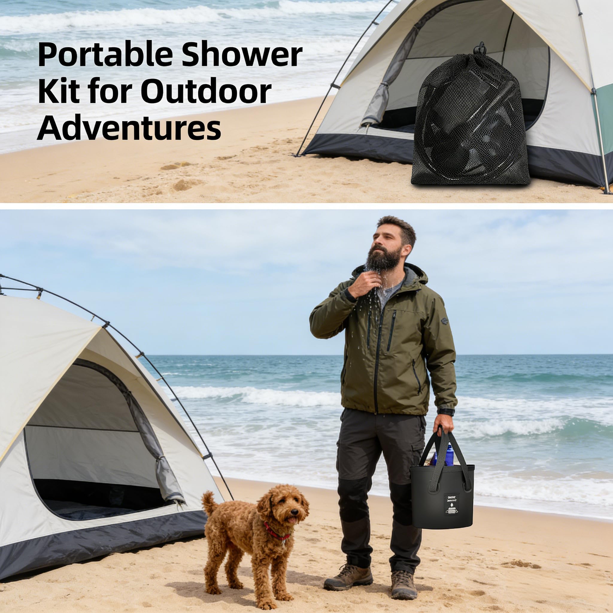 Kit de douche de camping 2026, batterie 6000 mAh/8000 mAh et écran intelligent, seau de 5 gallons, pommeau de douche 4 modes pour les voyages en plein air, accessoires de camping