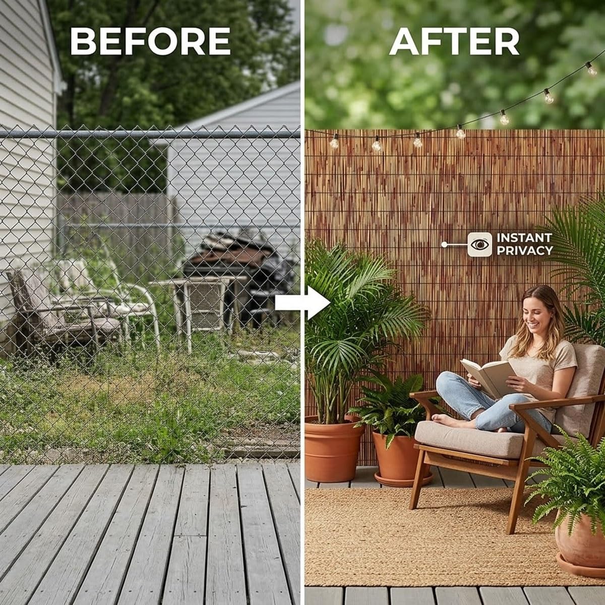 Arella in Canniccio Naturale Frangivisto da Esterno, Stuoia Ombreggiante e Copertura Privacy per Recinzione Giardino, Frangivento Decorativo per Balcone e Terrazzo(183x500cm(6x16.4ft))