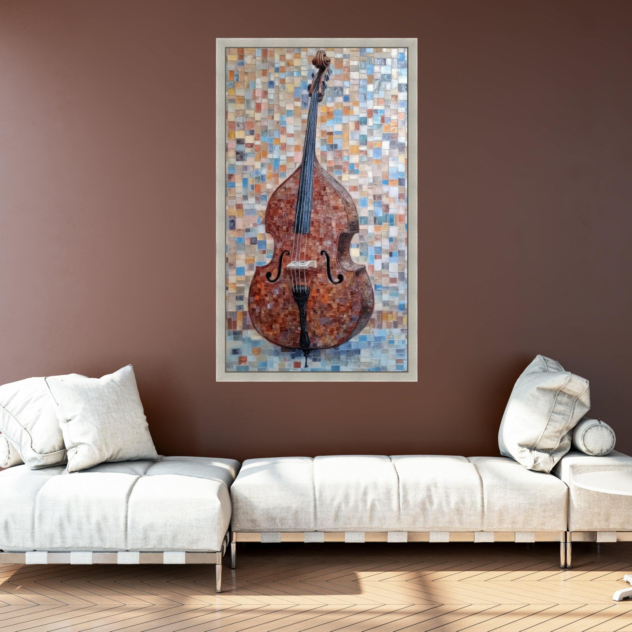 LMYCHENG Vintage kontrabas mozaika płótno instrument muzyczny dekoracja muzyczna dekoracja domu brązowy niebieski plakat gotowy do powieszenia (70 x 130 cm/bez ramki)