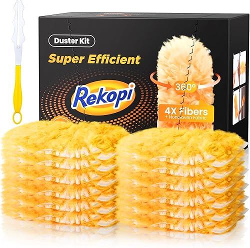 Kit de plumero súper eficiente con 12 repuestos de plumero y 1 mango, plumeros multisuperficie de 360 con 4 microfibras, plumeros desechables sin