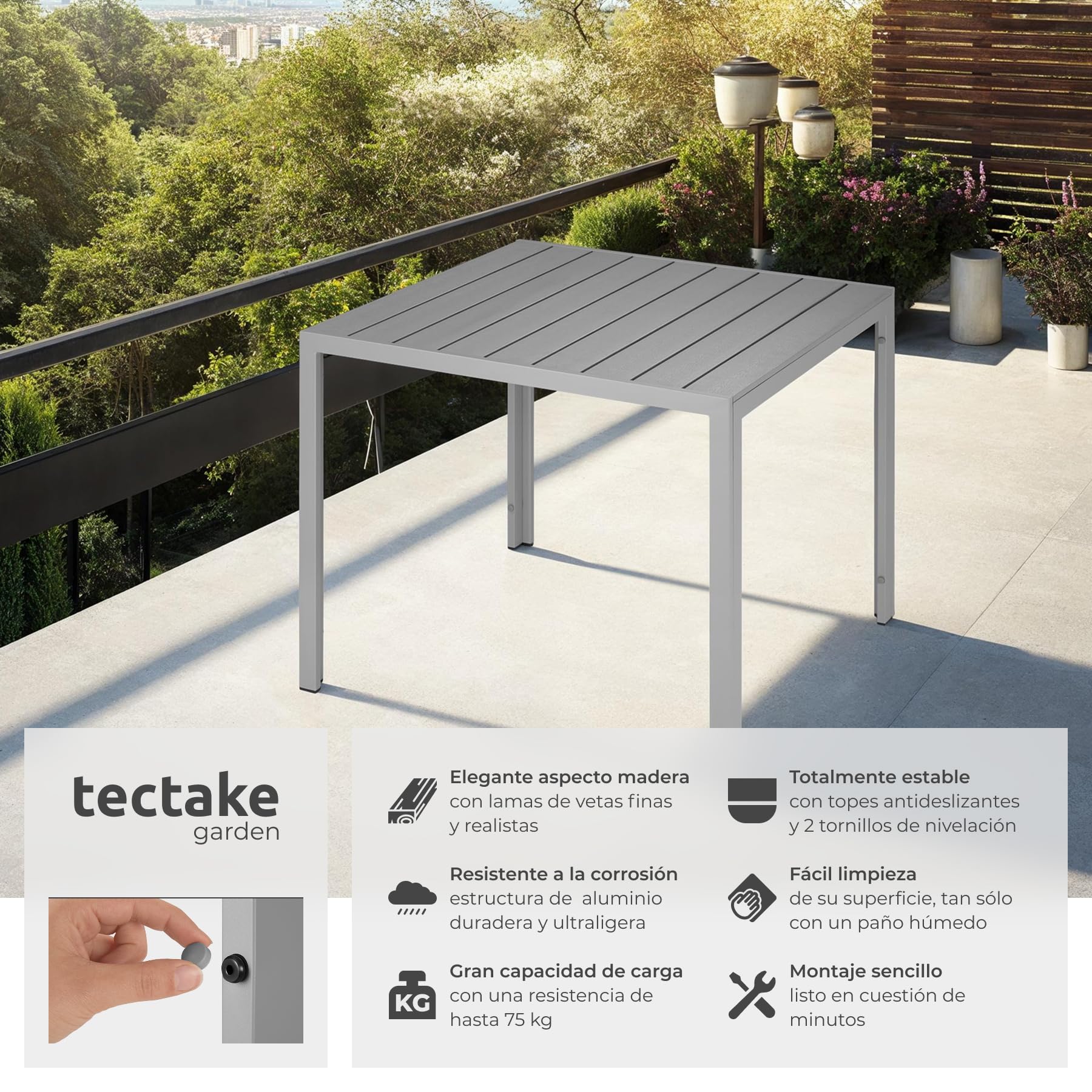 tectake® Mesa Jardín Exterior de Aluminio 90x90x74,5cm, Mesa Terraza, Patas Ajustables y con Topes, Mueble Jardín Resistente a Intemperie, Fácil Montaje - Plata