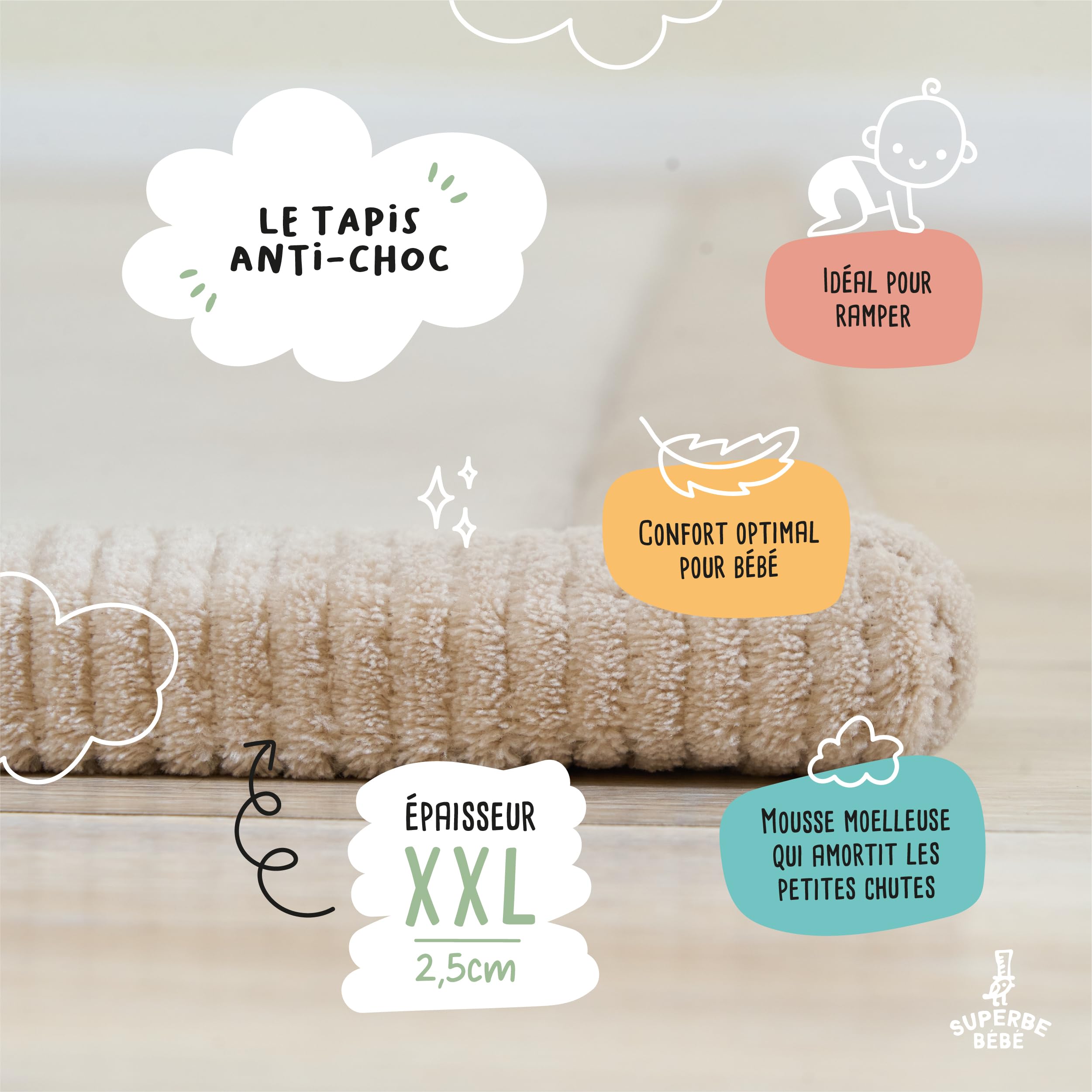 SUPERBE BEBE - Tapis De Jeu Et D’Éveil Bébé 150x200X2,5CM – Épais Et Anti-Choc - Mousse Mémoire De Forme Non Toxique Oeko-Tex – Tapis Chambre Bébé Et Enfant - Design Elegant (Beige UNI)