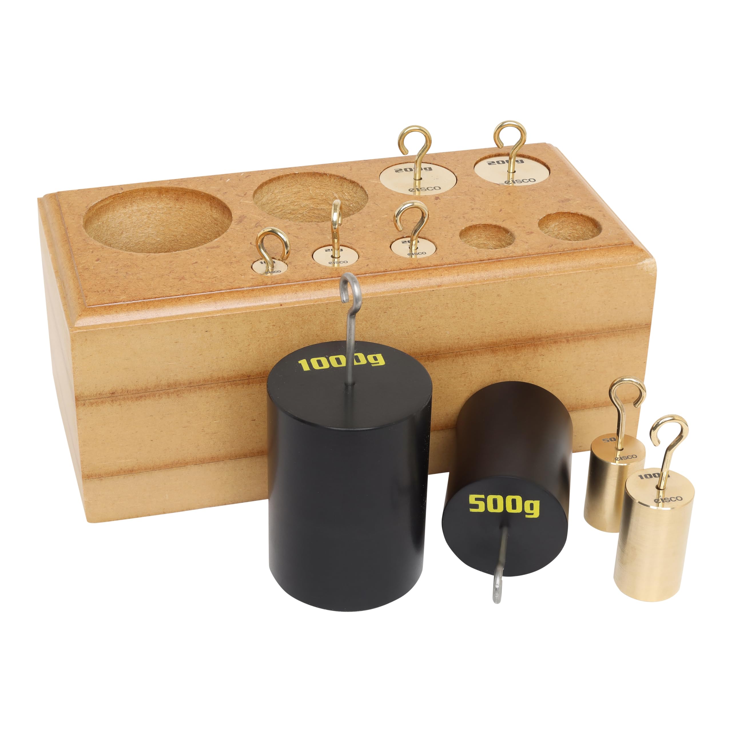 Eisco Labs - Juego de 9 pesos de latón con gancho (10 a 1000 g, bloque de madera)