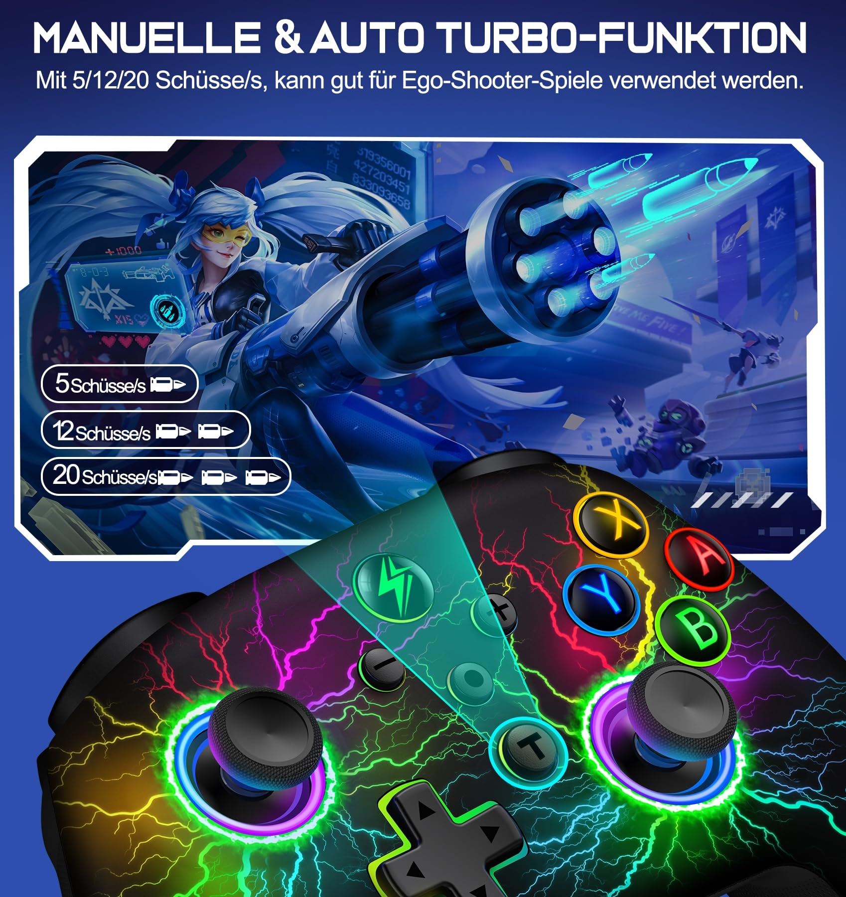 HELLCOOL Kabellos Controller für Switch/Lite/OLED Konsole - Switch Controller mit Cooles RGB Look, Programmierbare/Turbo/Aufwachfunktion, Präzise Joysticks, Dual Motors Vibration