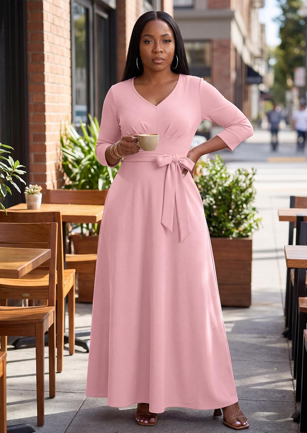 MarryUP Maxi Dress for Women 3/4 Sleeves V-Neck Semi Formal Church Long Casual Dresses with Pockets