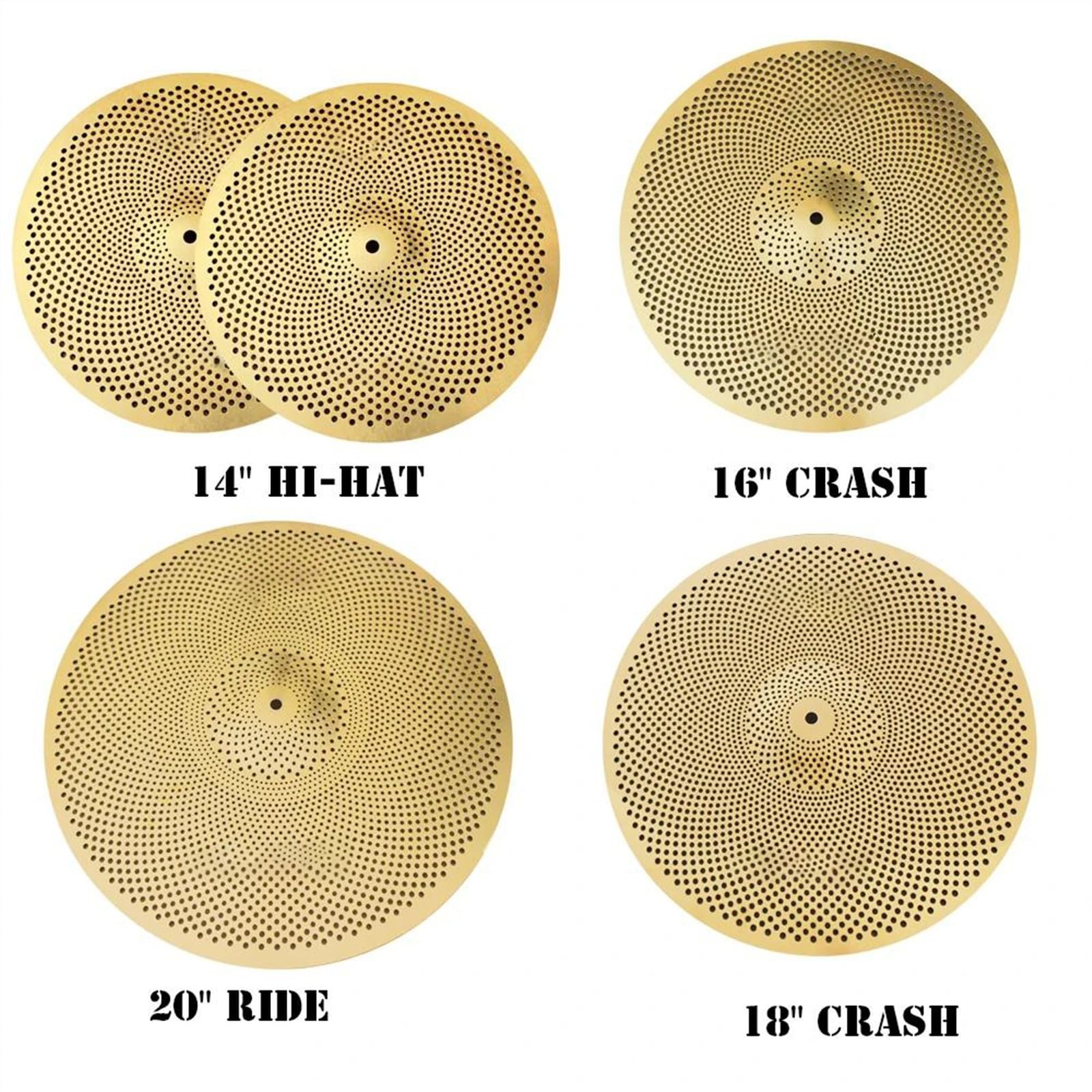 Professionelle Trommelbecken Handgefertigtes Low-Volume-Dämpferbecken-Set 14" Hi-Hat/16" Crash/18" Crash/20"Ride Drum Set Becken (Color : Gold)