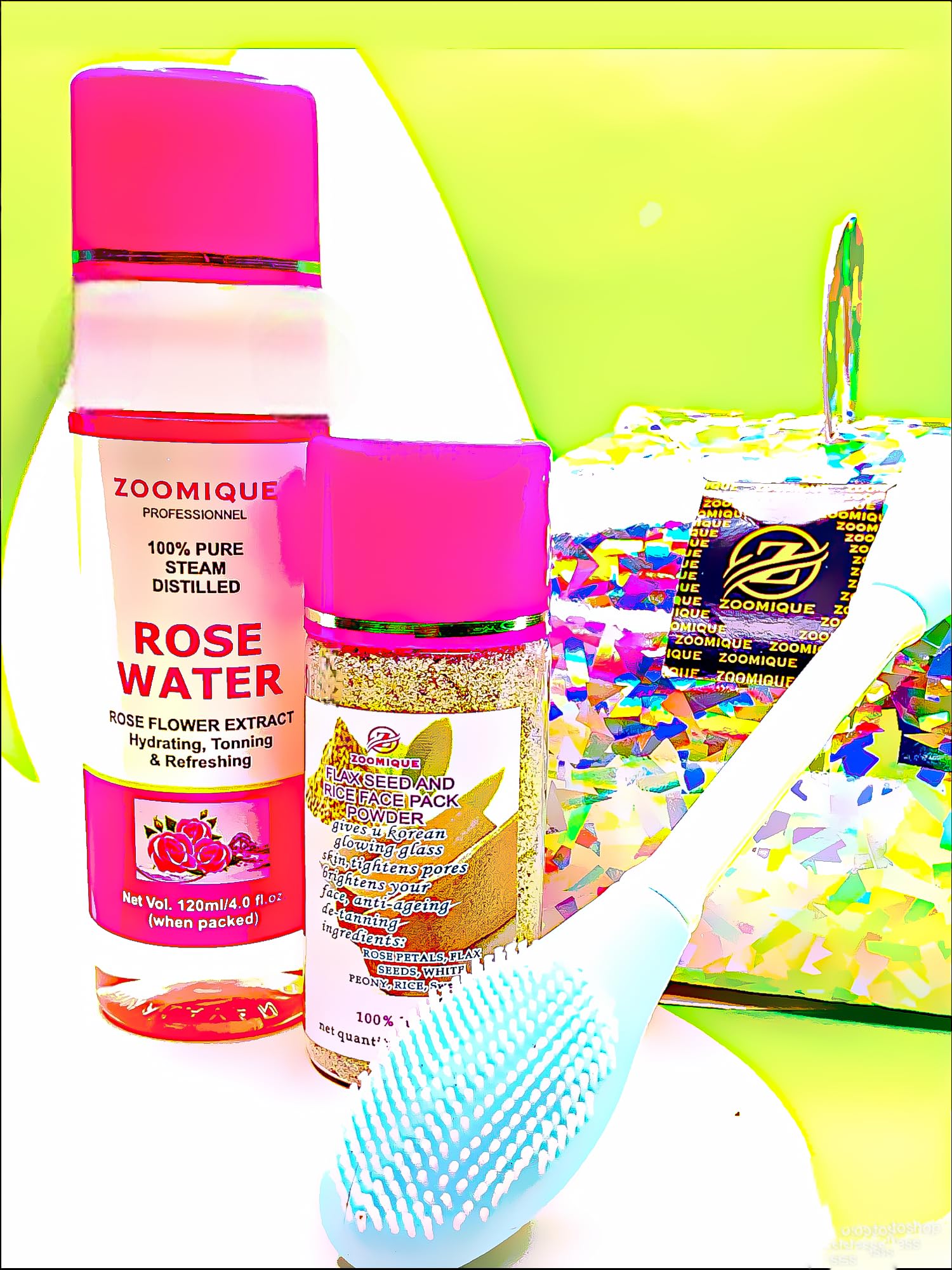 ZOOMIQUE Flax seed and rice face pack powder(60gm) with100% pure steam distilled Rose water(120 ml), and double ended silicone face mask brush, 3-in-1 Cleanser, Face Scrub & Face Pack for korean glow