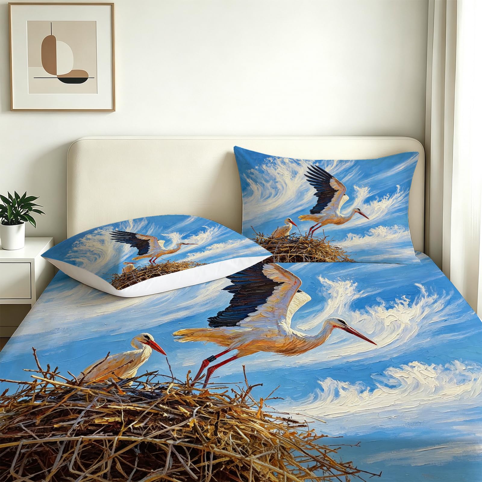 Sábana Bajera 160 x 200 Ajustable Cigüeña Blanca Aves Silvestres