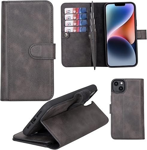 HARDISTON Funda de piel auténtica de alta calidad hecha a mano para iPhone 14 Plus, compatible con MagSafe, tarjetero doble folio, funda magnética