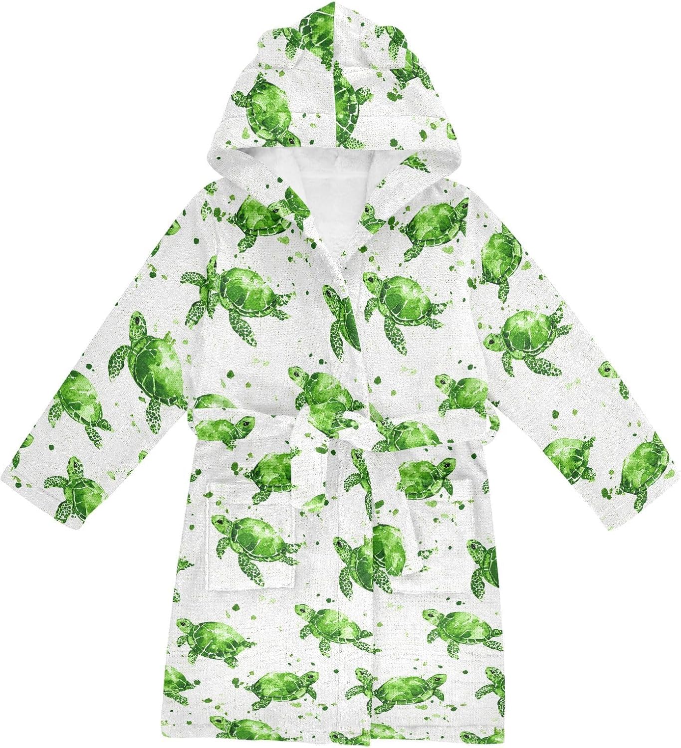 senya Cute Turtle Green Painting Toddler Hooded Bathrobe Kids Soft Plush Bath Towel Robes for Boys Girls 2-12 Years