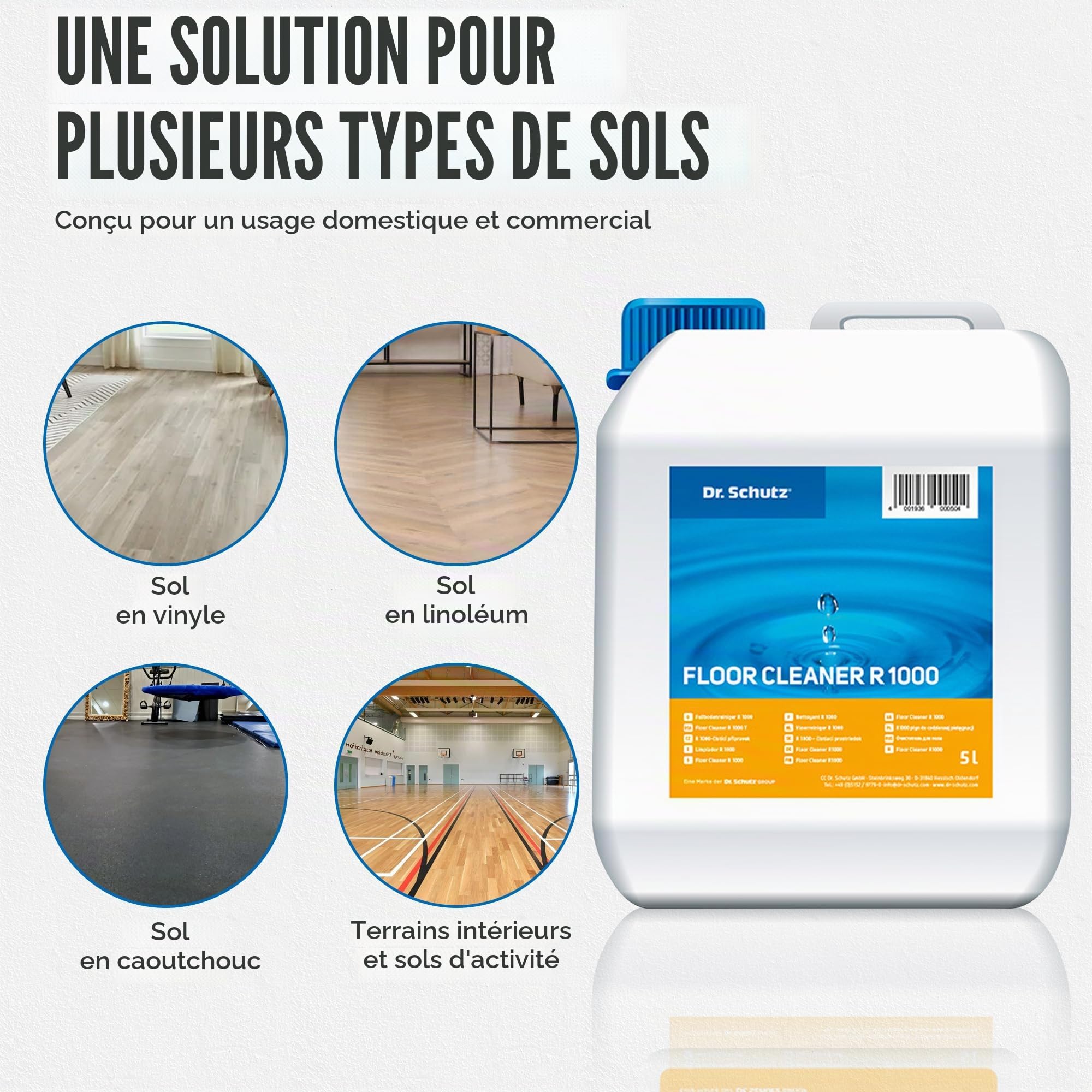 Dr. Schutz Nettoyant pour sols R 1000 5 l - Nettoyage sans traces pour PVC, CV, linoléum, caoutchouc, pierre, sol design et parquet - Nettoyant pour sols - Nettoyant pour sols - Nettoyant pour sols - Nettoyant pour sols en vinyle