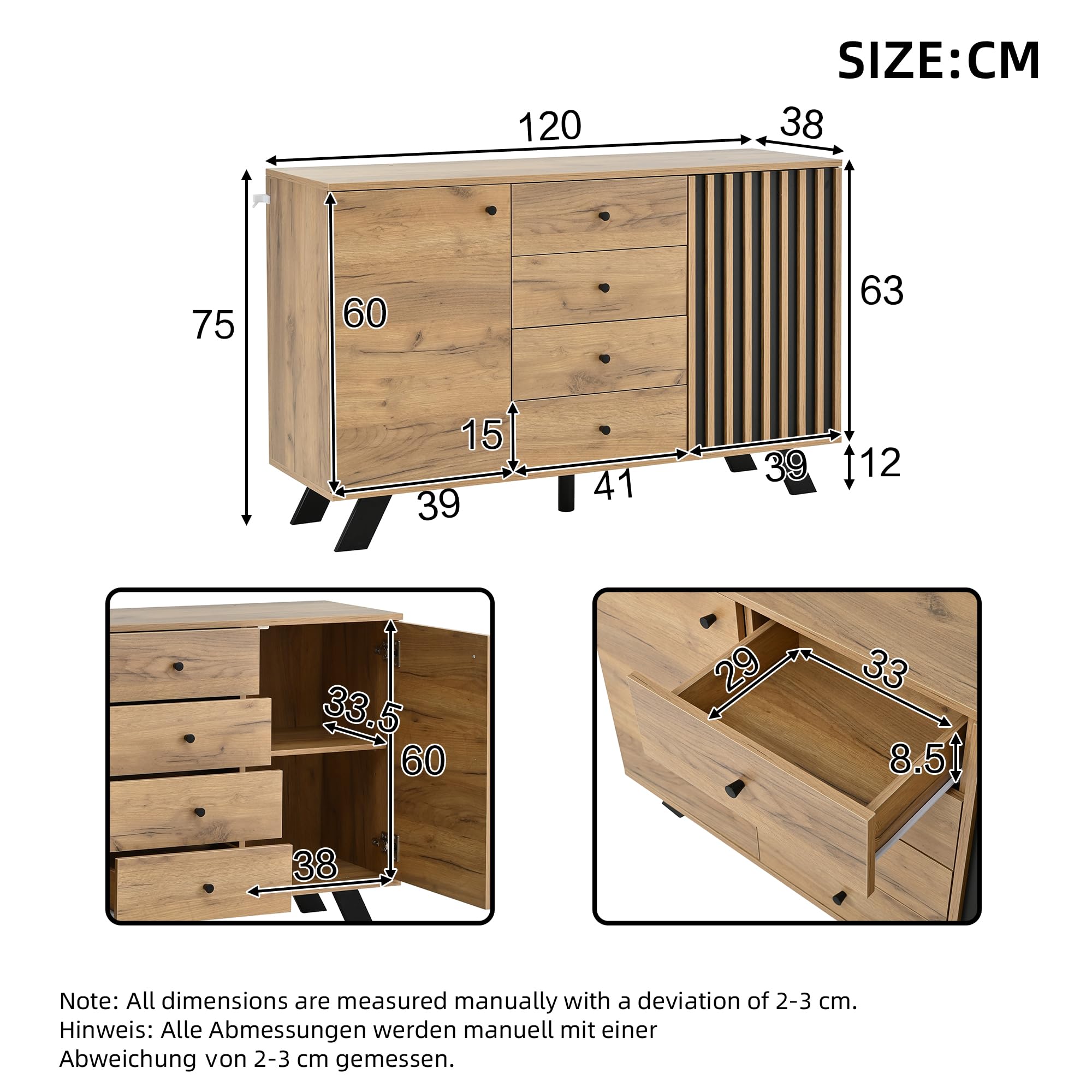 Sideboard Wohnzimmer, Buffetschrank, 120×38×75cm, Holzfarbe