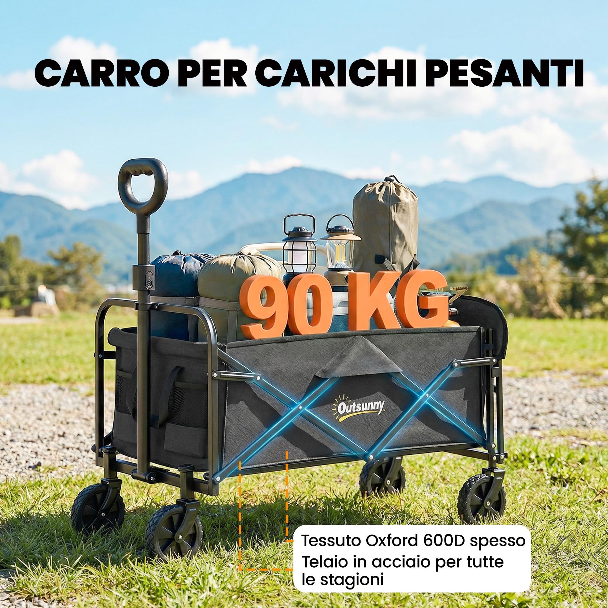 Outsunny Carrello da Giardino Pieghevole 72L con 4 Ruote, Carrello da Campeggio in Tessuto Oxford con Borsa da Trasporto e Maniglia Regolabile per Picnic, Spiaggia e Pesca, Nero