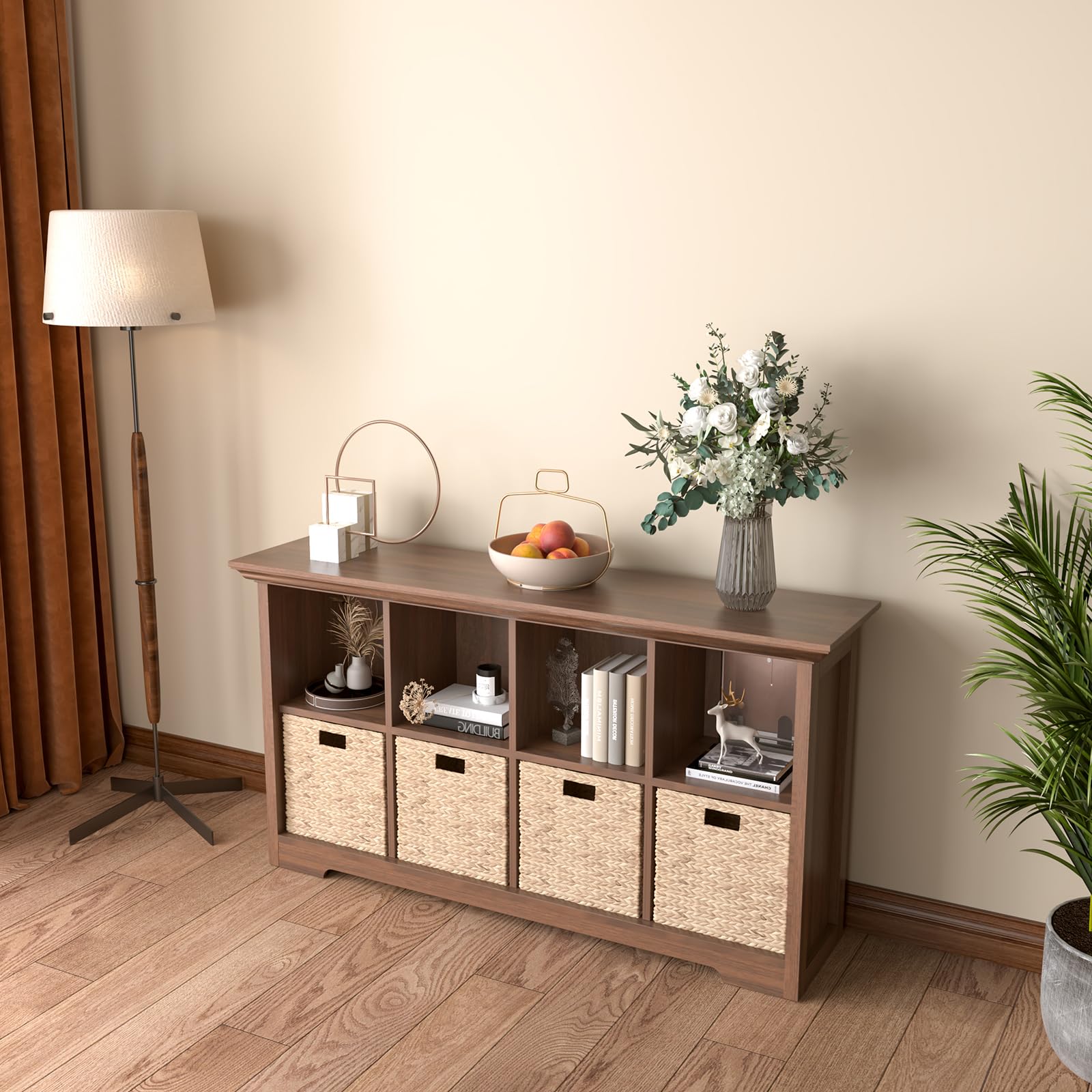 OSCHF 8 Fächern Bücherregal mit Sockel - Modernes offenes Holzregal für Zuhause und Büro, 2 Ebenen Aufbewahrungsregal, Walnuss