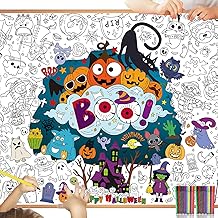 DPKOW Halloween Coloring Poster with Paint Pens, 47 x 33 Inches Giant Paper Halloween Coloring Tablecloth for Kids Halloween Crafts Gift Doodle Art, BOO Pumpkin Skull Ghost Zombie Spider Bat