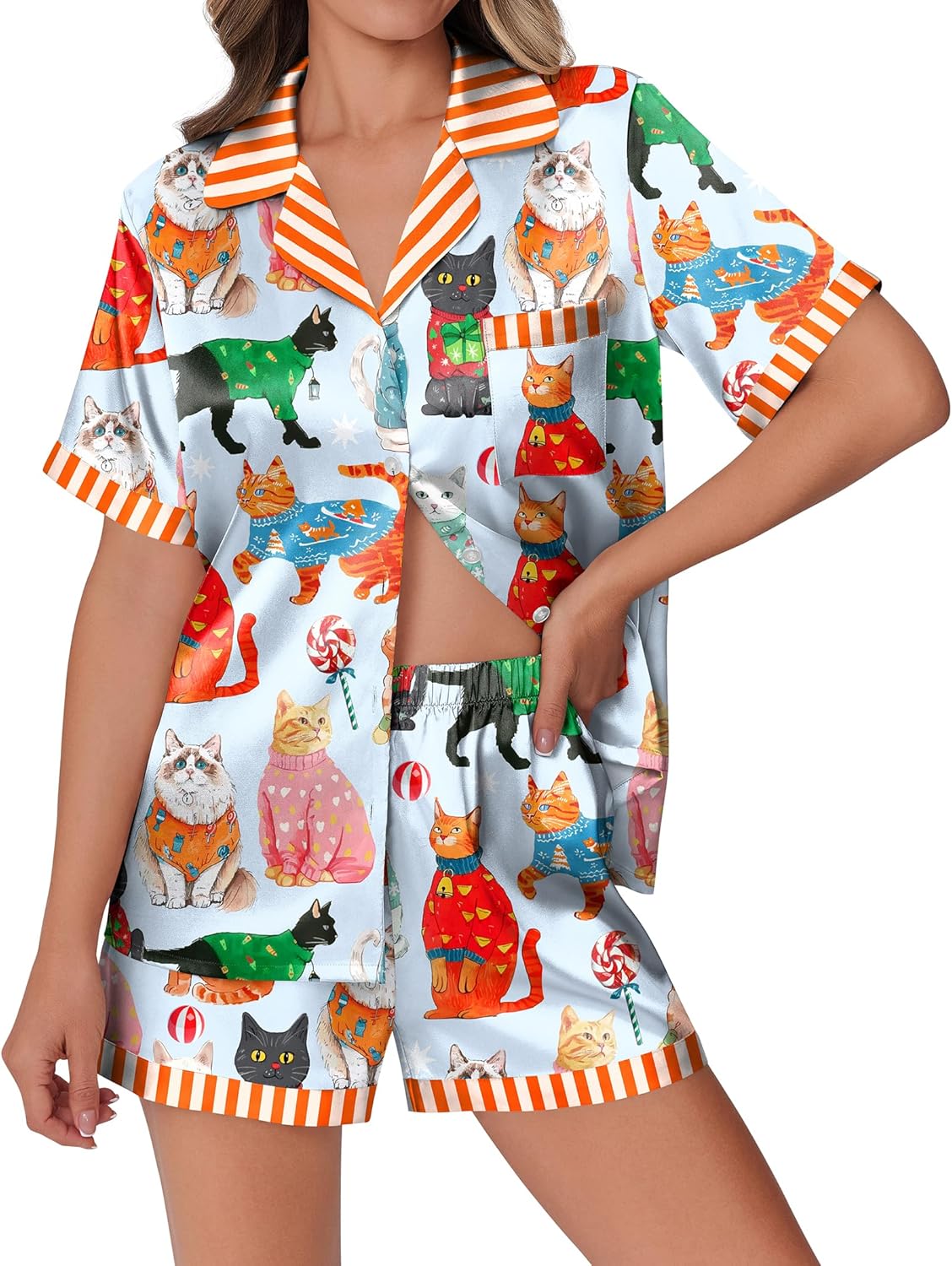 Ekouaer Womens Silk Satin Pajamas Set Animals Print Pjs Button Down Short Sleeve Lounge Set 2 Piece Sleepwear