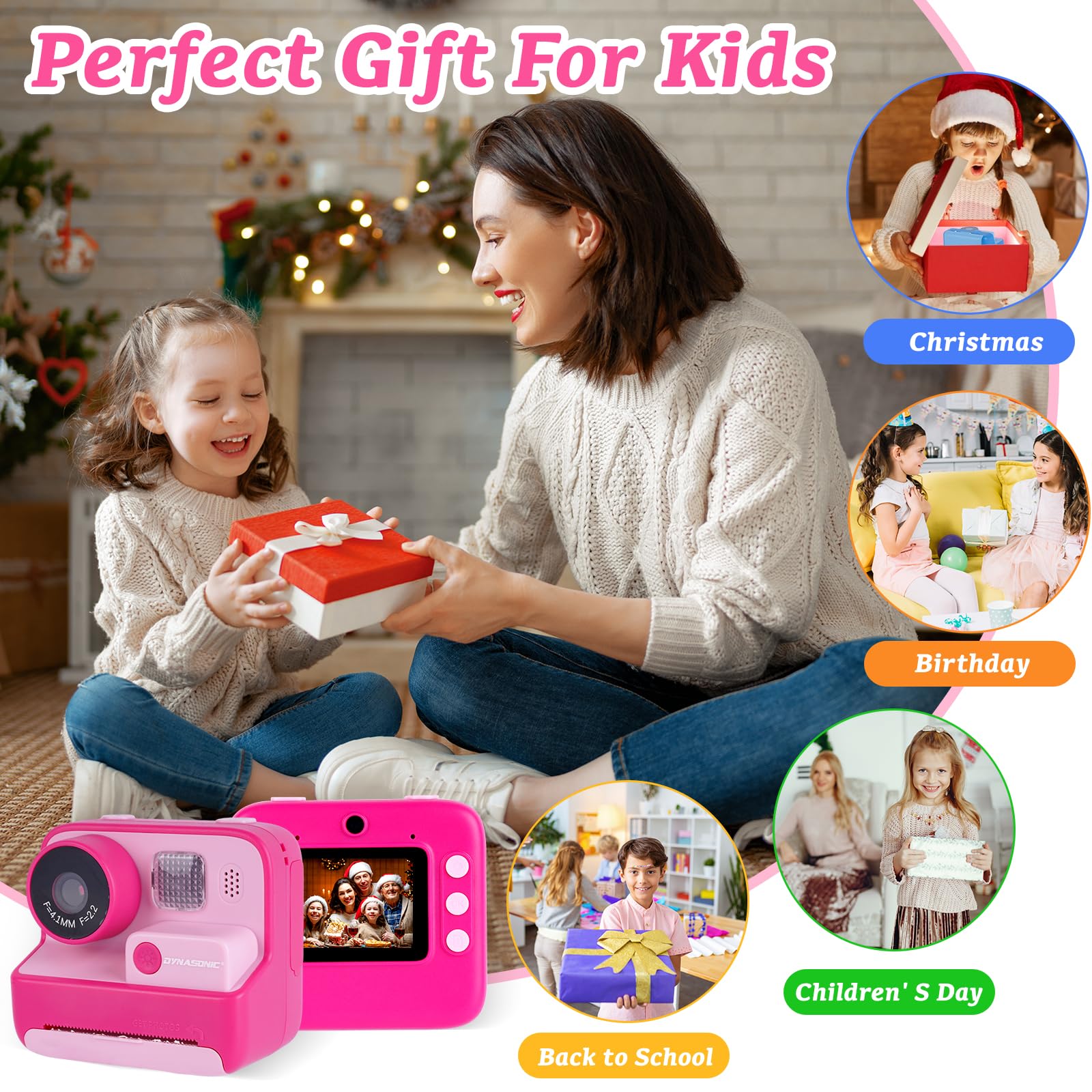 Cámara Infantil instantánea DYNASONIC (2ª Generación). Camara de Fotos Digital y Video para niños. 48MP. 2,5k UHD. Incluido Tarjeta SD 32GB, Regalo para niños y niñas de 3 a 14 años