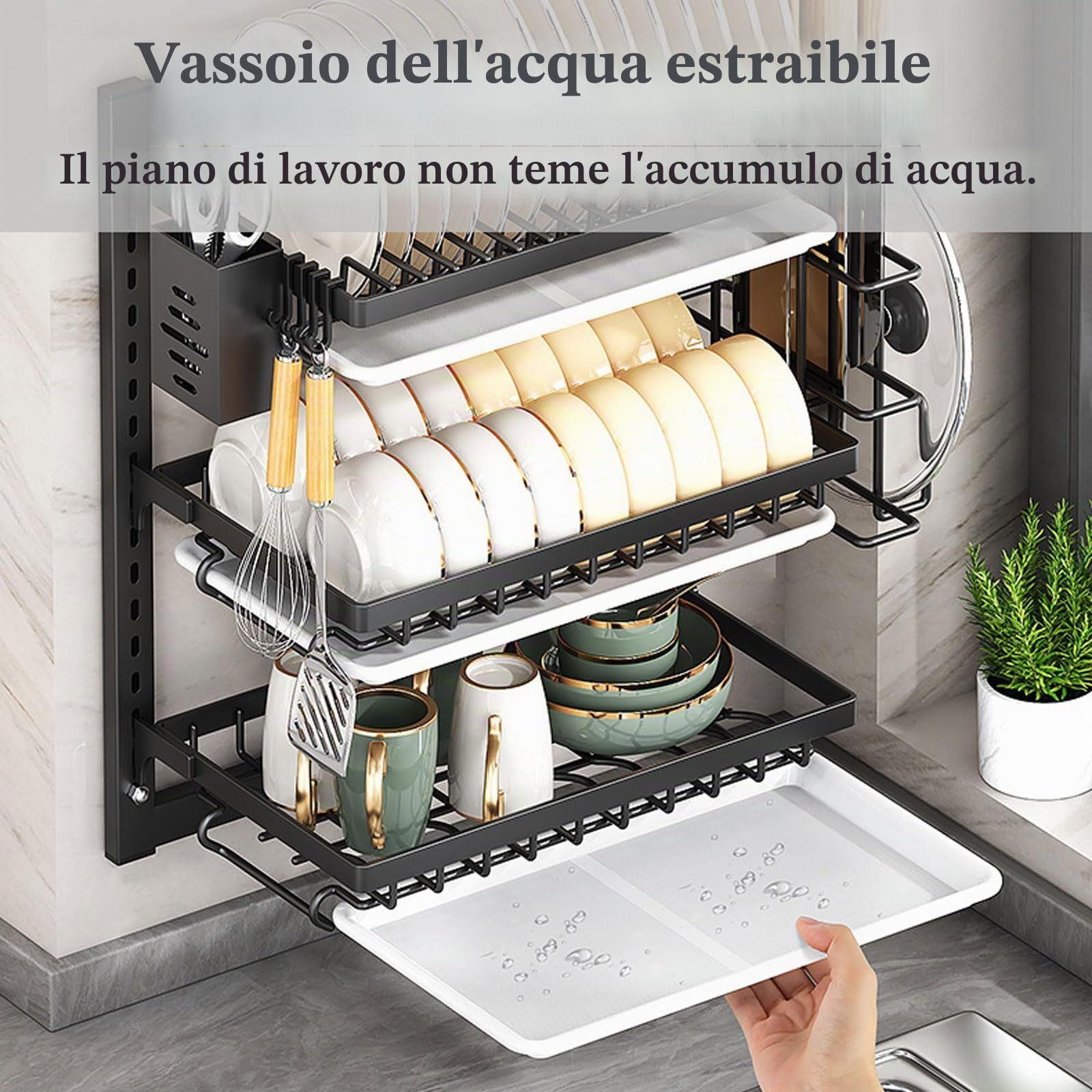 Scolapiatti a Parete,Vaschetta scolapiatti a Parete a 2 Livelli,Scaffale per Stoviglie con Scolapiattis,Scolapiattis da Cucina,Salvaspazio,Antiruggine,per Piatti,Ciotole e taglieri