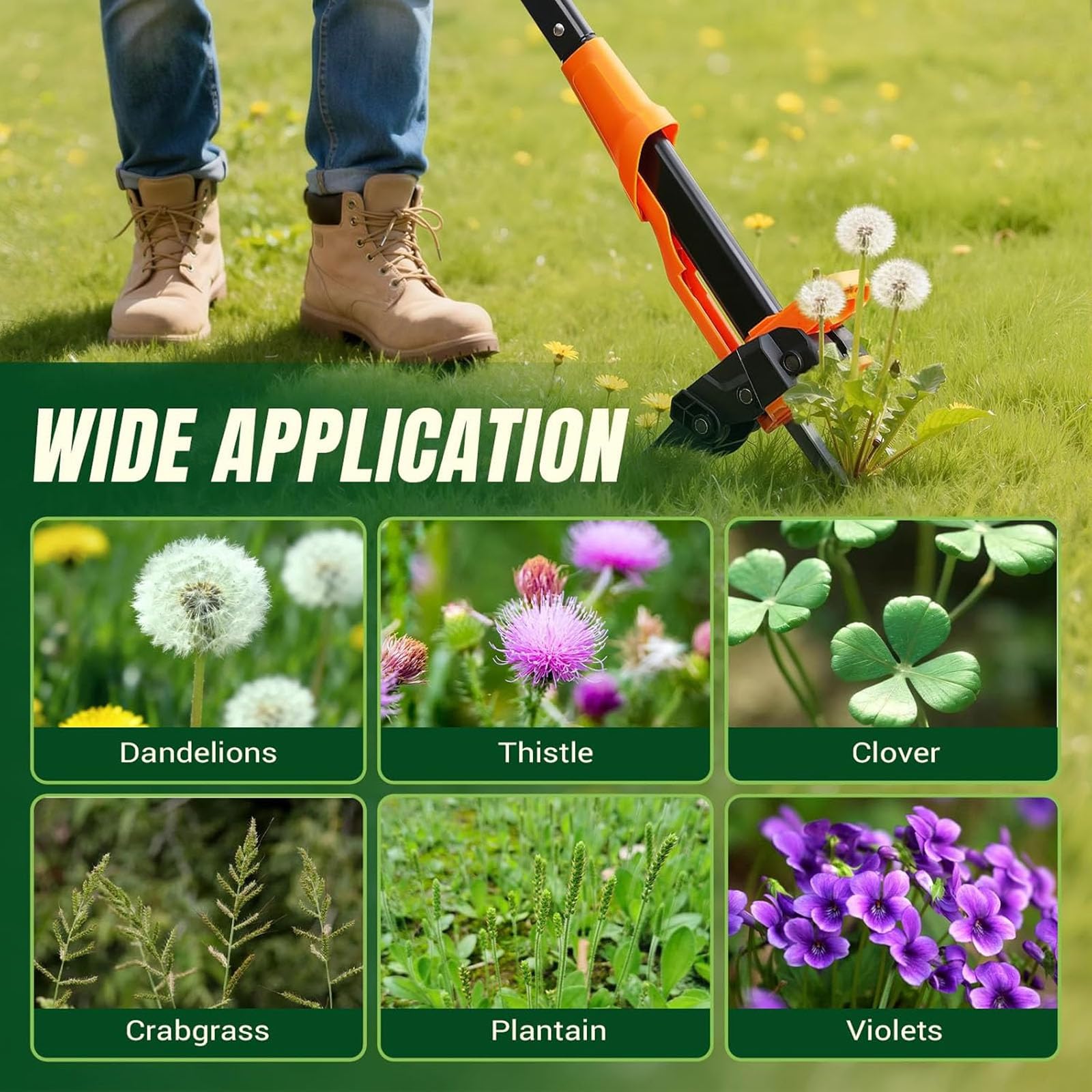 Outil d'arrache-mauvaises herbes, dispositif de tête en acier à 4 griffes avec poignée réglable de 99,1 à 116,8 cm, mécanisme d'éjection facile, élimine les mauvaises herbes sans se pencher ou