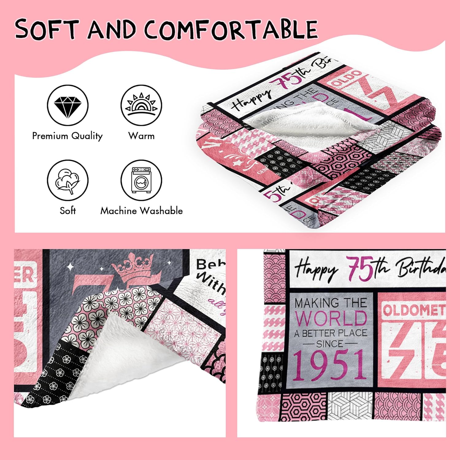 75th Birthday Gifts for Women Blanket 60"x 50", Gifts for 75 Year Old Woman, 75 Year Old/1951 Birthday Gifts for Women, 75th Birthday Gift Ideas for Mom/Female - Image 7