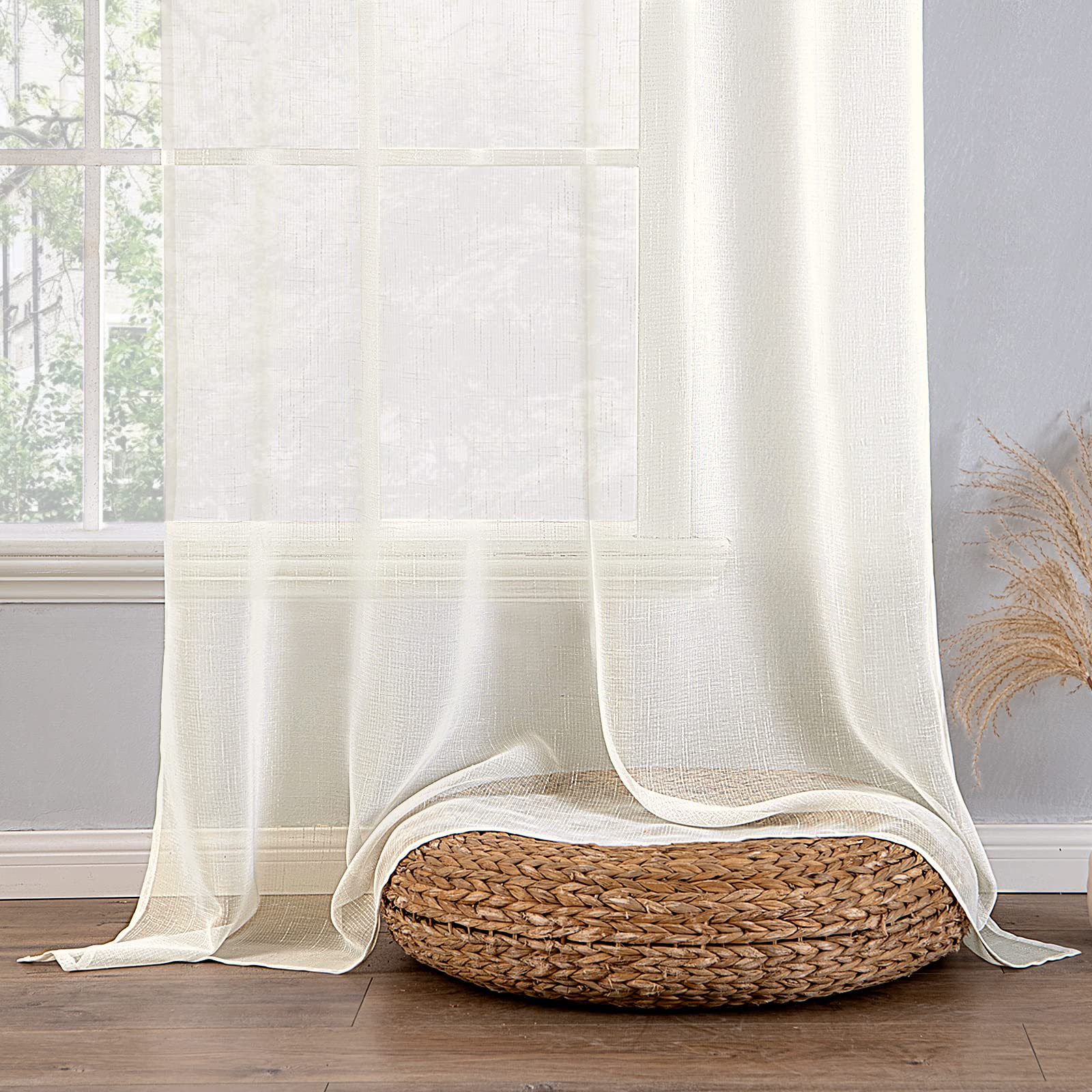 EMEMA Voile zasłony przezroczyste lniane zasłony lniane zasłony z oczkami zasłony do salonu zestaw 2 zasłon okiennych 140 x 225 cm (szer. x wys.) kość słoniowa