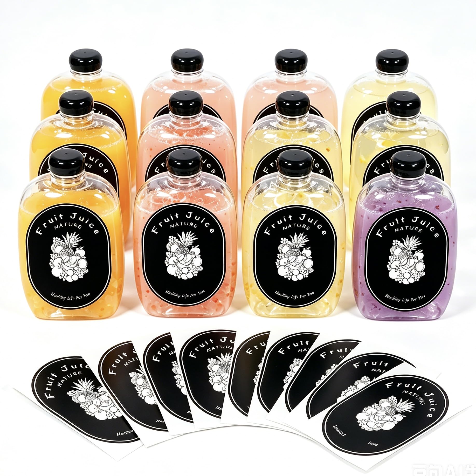 JFBAOLAO 12 Pack 350ml Flat Plastic Juice Bottles with Black Lids