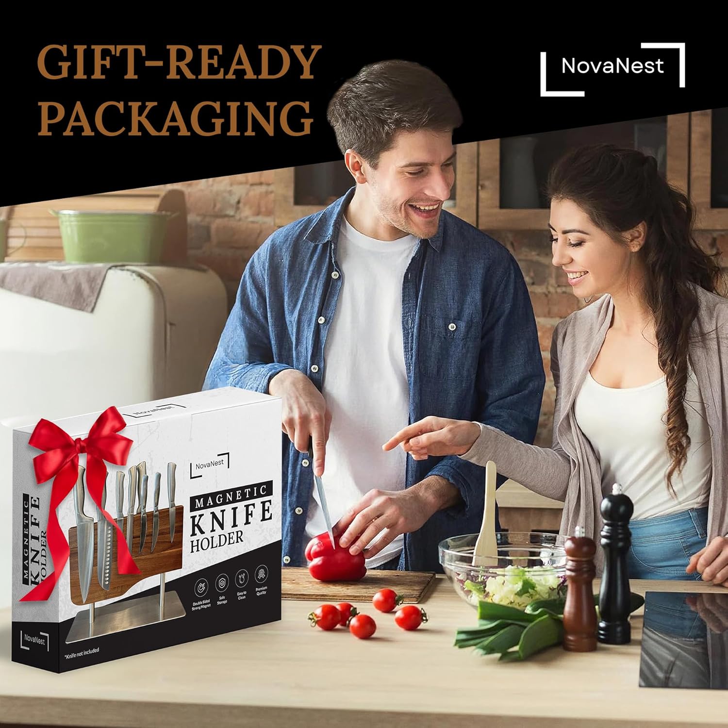 Magnetic Knife Block Double Sided Knife Holder Without Knives, Wooden Universal Knife Rack Storage Organizer Stand for Kitchen Counter or Cabinet, Strong Magnet Wood Knife Holder For Kitchen