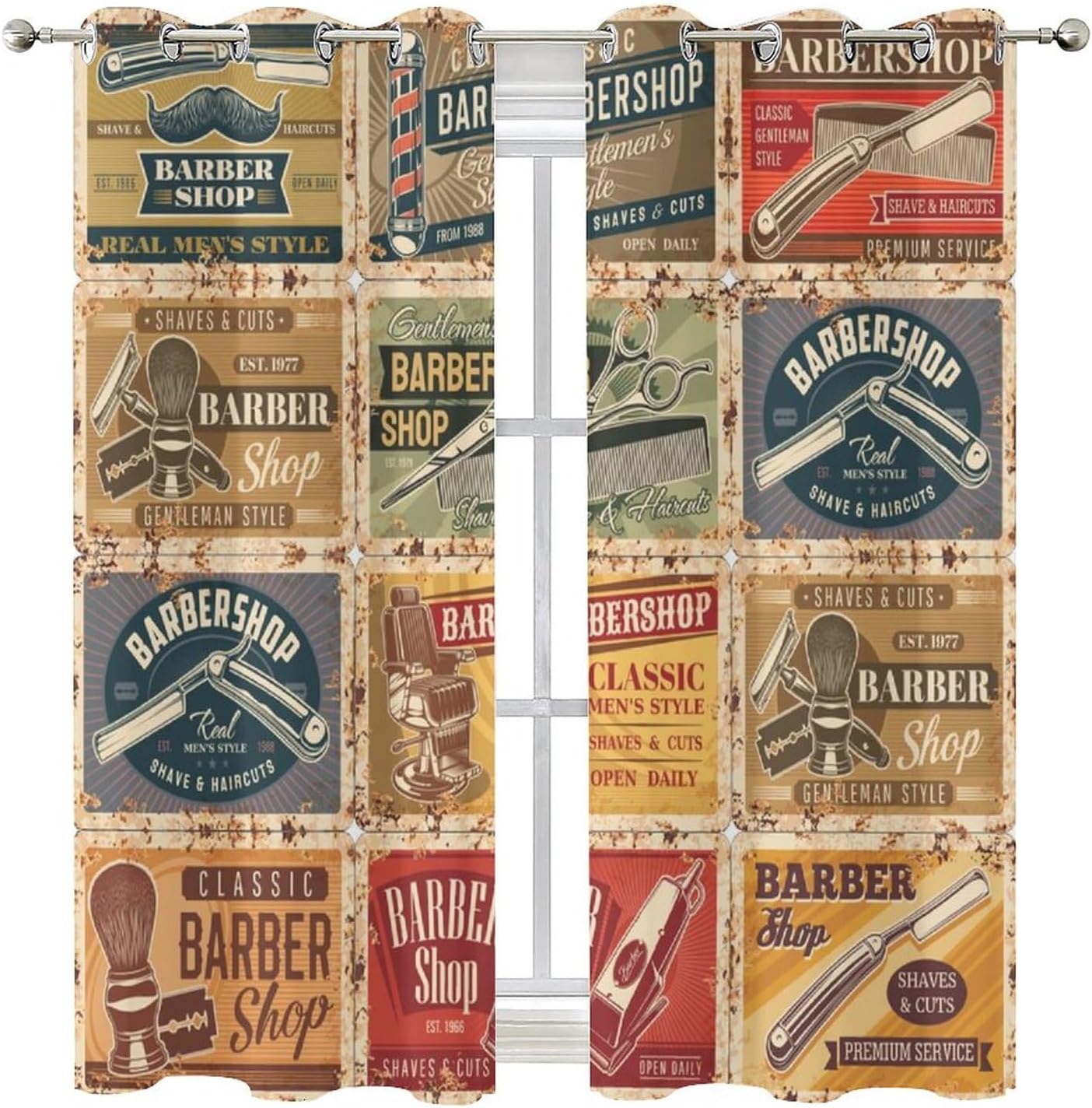 Retro Barbershop Blackout Curtain Featuring Hair Salon Tools and Stylists Grommet Window Insulated NoiseDrapes Decor for Bedroom Living Room Curtains 2 Panels 63" L x 27.5" W