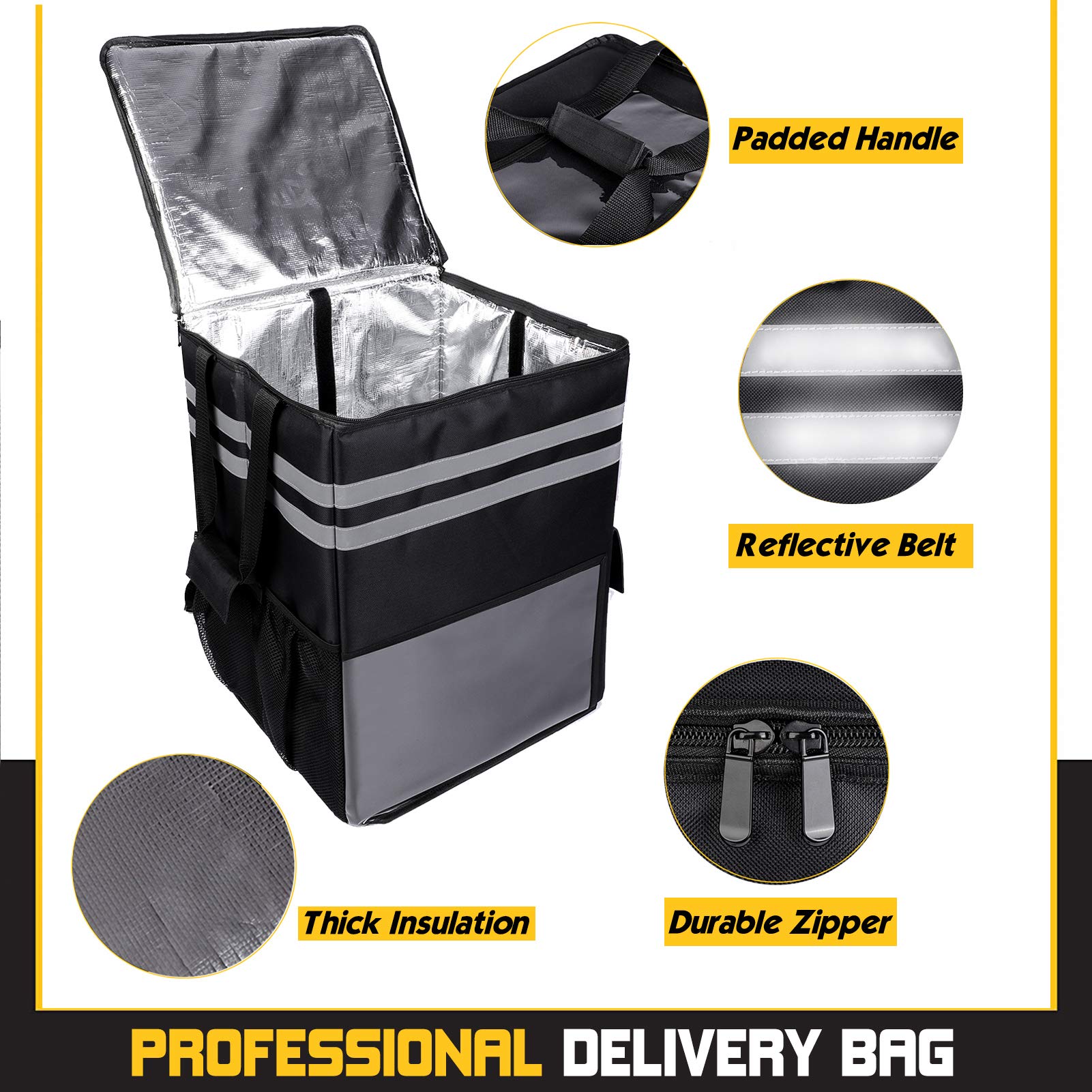 Cherrboll XXL Mochila aislada para entrega de pizza, bolsa de entrega de comida para bicicleta con 3 divisores, mochila enfriadora reutilizable para DoorDash, Uber Eats, PostMates
