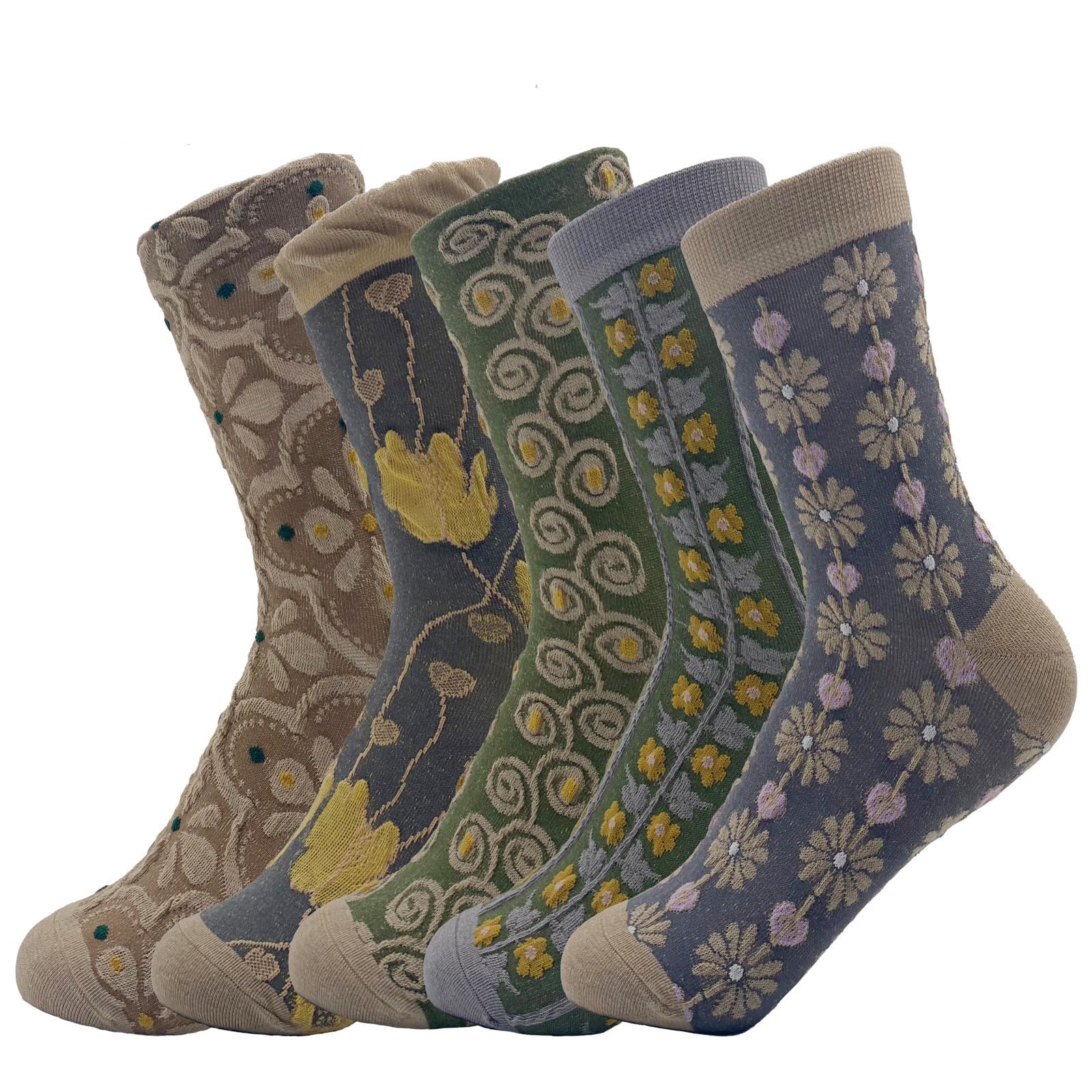 5 pares de calcetines florales para mujer, calcetines de flores bordados, vintage, lindos calcetines de algodón con textura nórdica
