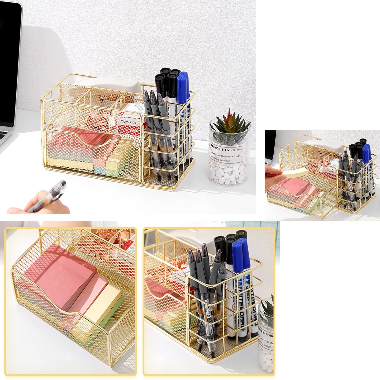 Organizador de Escritorio con cajones, Ideal para Oficina y hogar (Dorado, 22 x 11 x 11 cm)