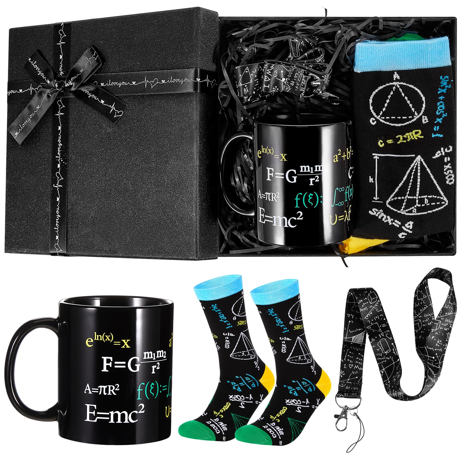 Layhit 4 Pcs Math Teacher Appreciation Gift Graduation Gifts 12 oz Coffee Mug Math Socks Lanyards Keychain with Gifts Box for Men Women Teens Teacher Birthday Teachers Day Christmas