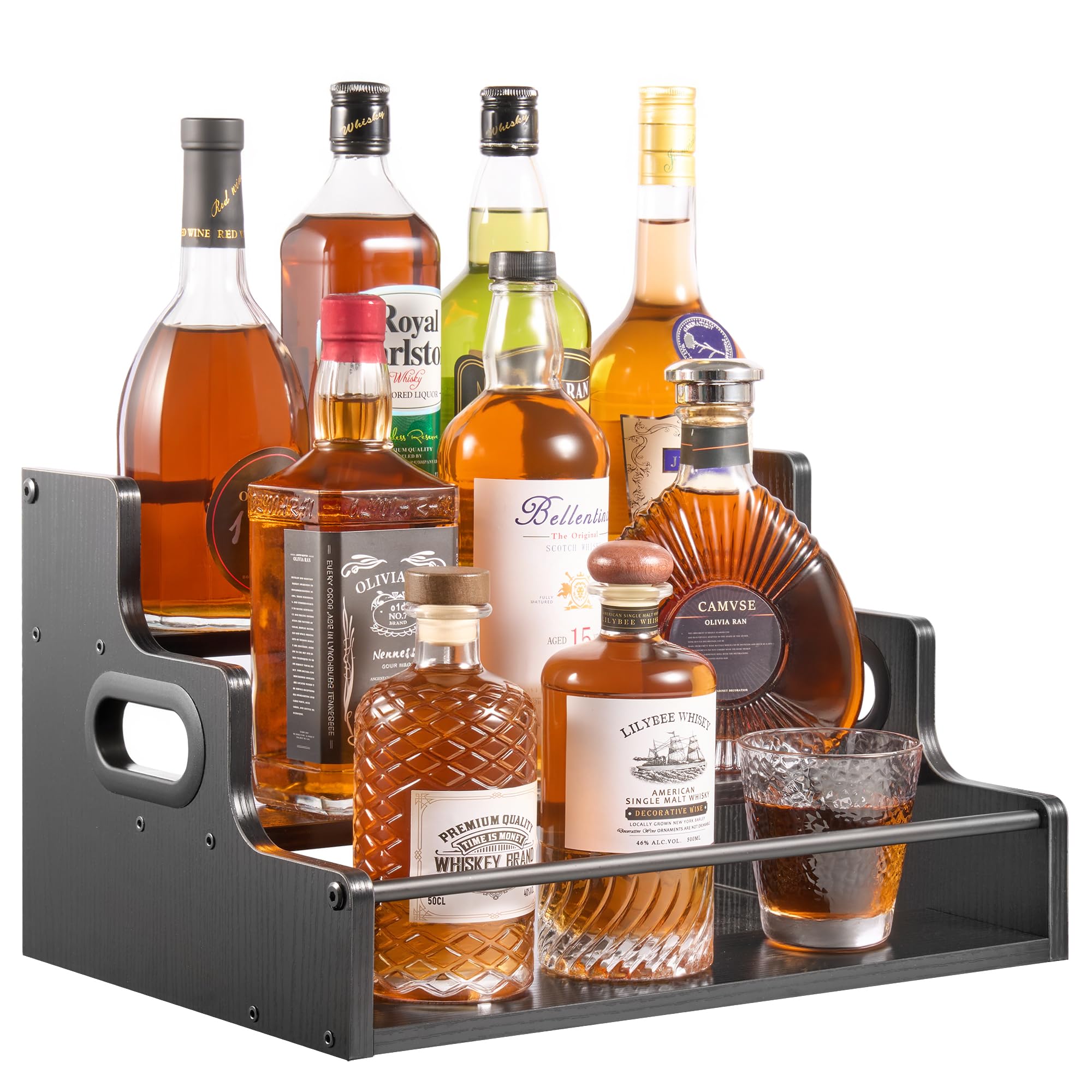 YQBRAO 3-Tier Liquor Bottle Display Shelf, 16-Inch, Black