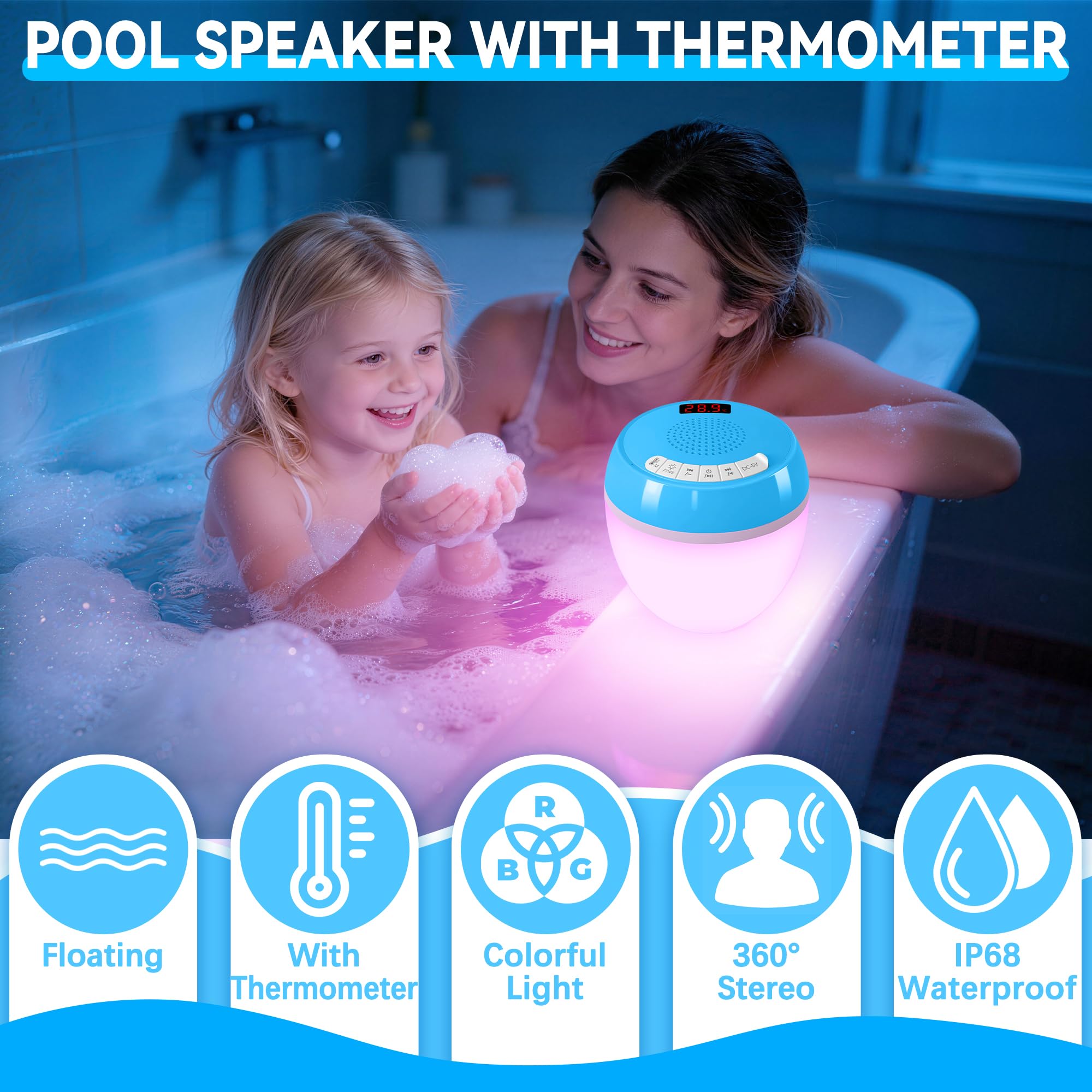 AearKing 3-in-1 Bluetooth Lautsprecher Pool mit Thermometer, Pool Lautsprecher mit RGB Licht, Schwimmender Pool Lautsprecher Wasserdicht IP68, TWS, Tragbarer Lautsprecher,Stereo Musikbox für Whirlpool