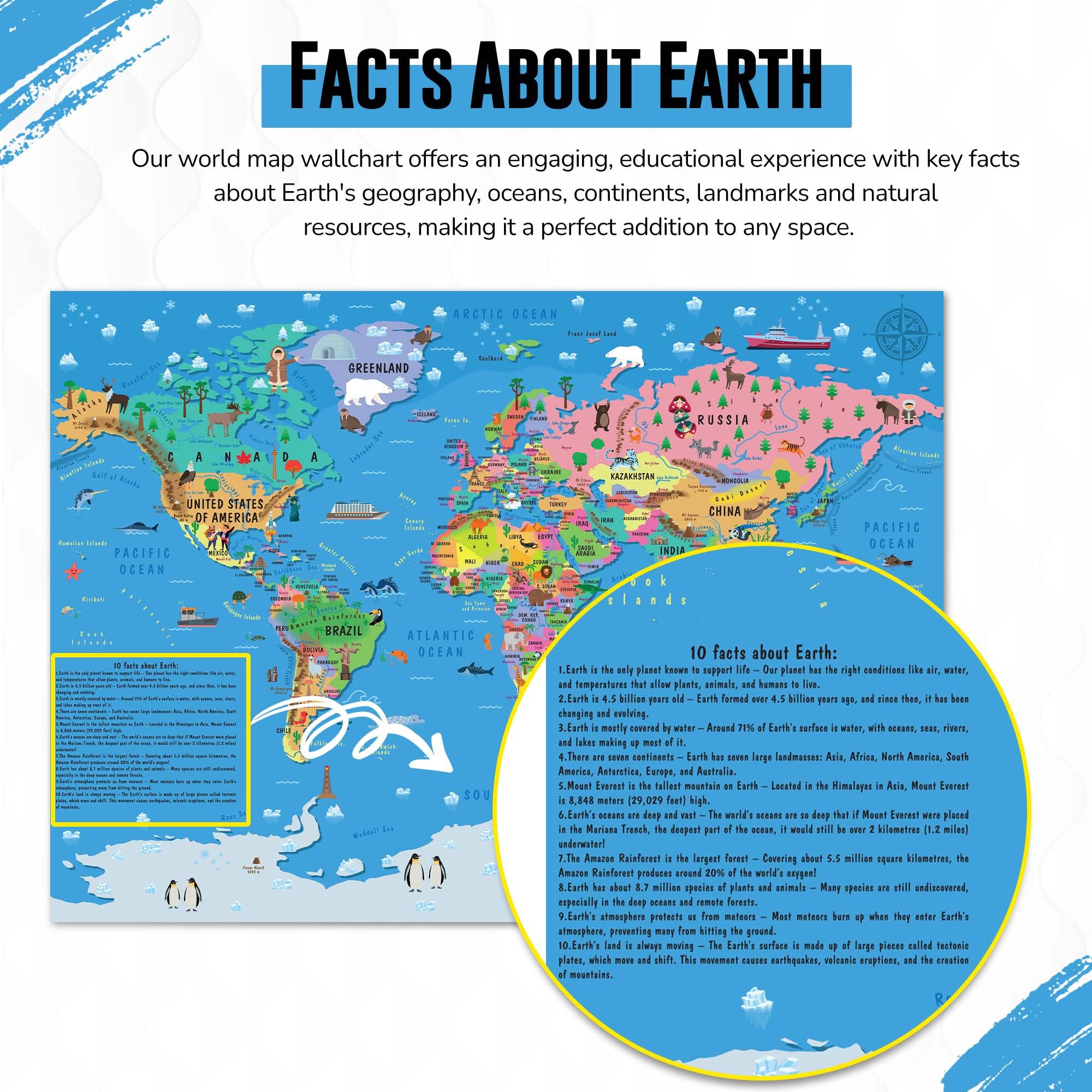 Children’s World Map Poster for Wall – Large A1 Illustrated World Map for Kids Globe Atlas Wallchart