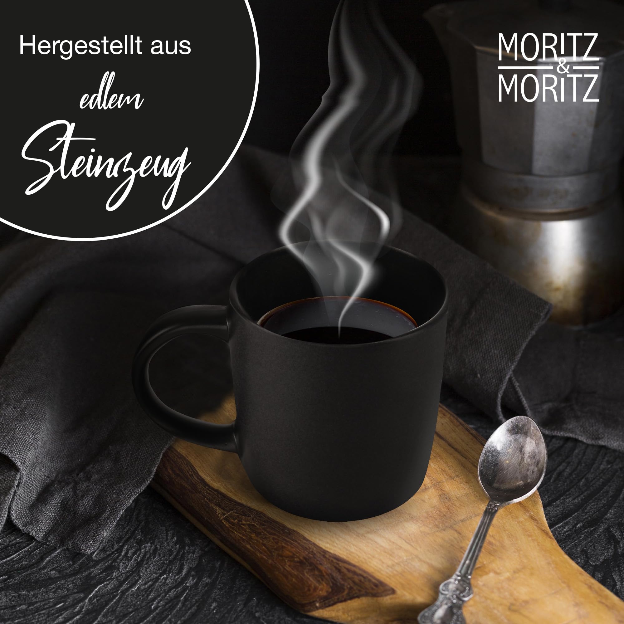 Moritz & Moritz NORDIC Set di 6 tazze da caffè nero - ca. 300 ml in gres di alta qualità - Design elegante con manico - tazze con manico per caffè, tè, cioccolata calda, cappuccino