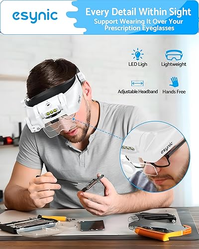 Miniatura 2 de eSynic Lupa de cabeza cómoda con luz USB C recargable 1X-14X aumento 5 lentes acrílicas, diseño de lente doble, diadema ajustable para lectura,
