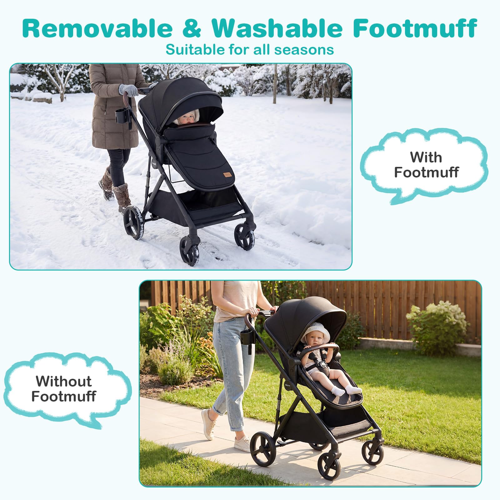 COSTWAY 3 in 1 Baby Stroller, Foldable Travel System Pram with Reversible Seat, Adjustable Canopy & Backrest, Mesh Net, Storage Basket, Lightweight Infant Newborn Pushchair for 0-36 Months (Black) — view 7