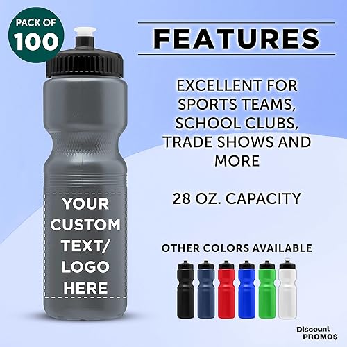 Miniatura 2 de DISCOUNT PROMOS Juego de 100 botellas de agua de plástico personalizadas de 28 onzas, paquete a granel personalizado, perfectas para gimnasio,